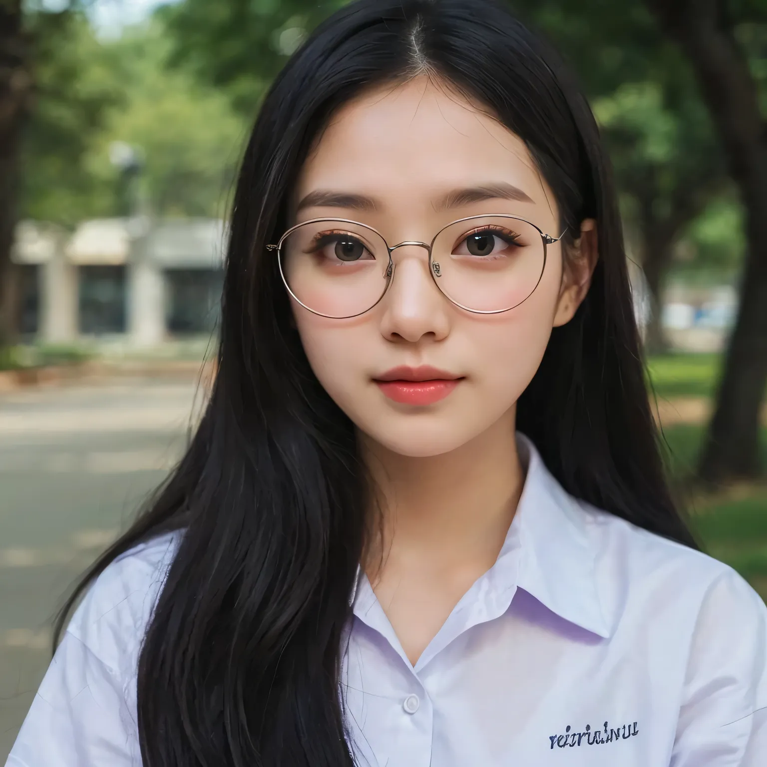 photorealistic, realistic, real human, (detailed skin:1.2), (realistic eyes:1.2), (natural lighting:1.1), long black hair, young woman, round glasses, wearing a light purple uniform shirt, subtle blush, natural pose, outdoors, blurred background, trees, su...