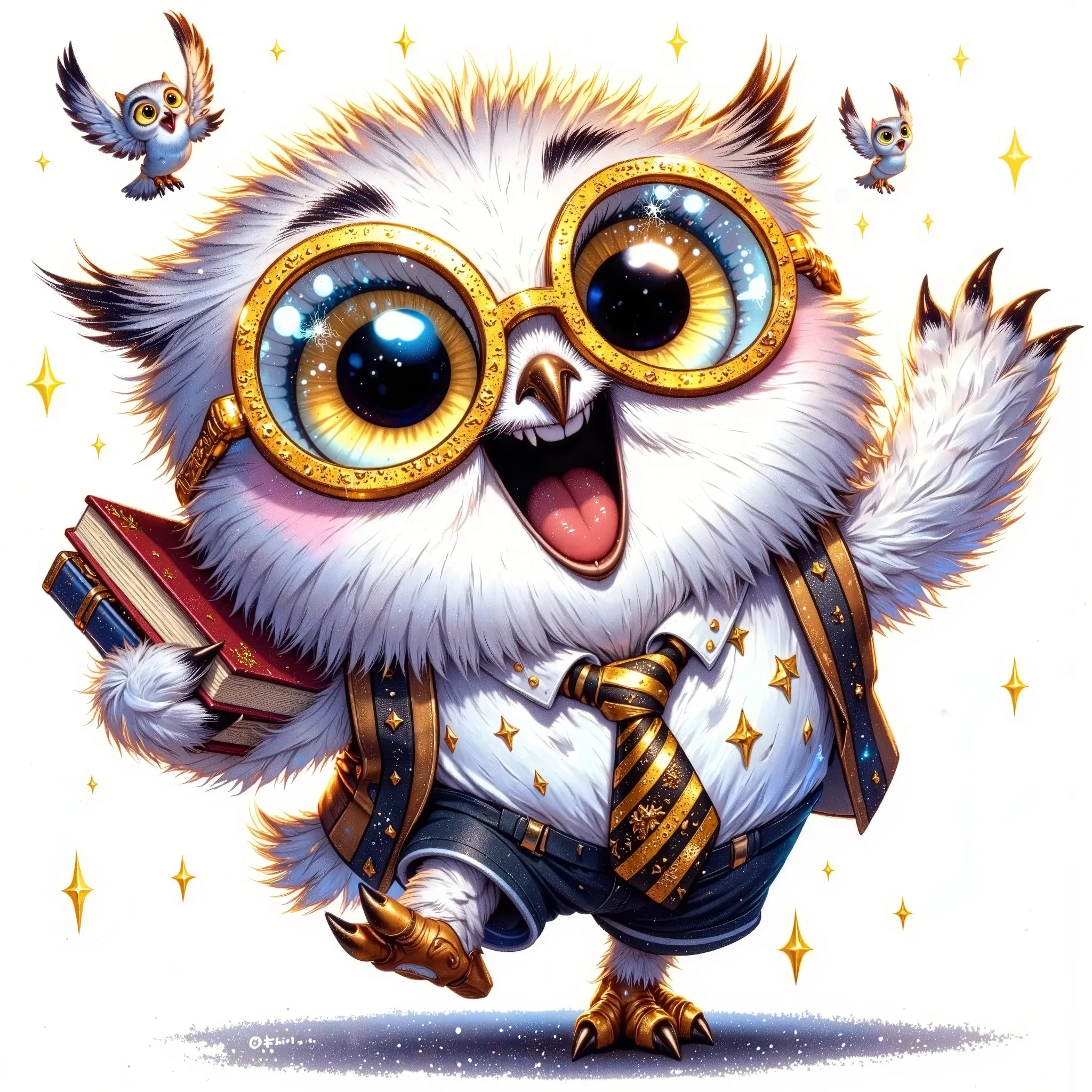 (extremally detailed hi-rez: 1.5) a quirky crazy happy expressive emotions by pixarand Zootopia,glossing vibrant vivid, color-metallicgoldlines-inkblacklines, watercolor with clear contours, single very cute flirtous 15years Hedwig white polar owlteenager ...