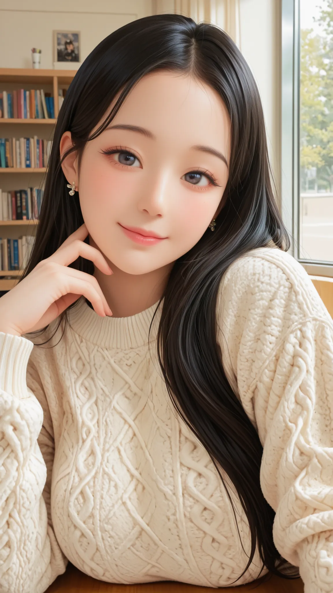 masterpiece, high quality, ultra-detailed 1girl, photorealism, JANG_ICE, wonyoung style, close-up shot,
korean female, college student look, pure innocent beauty,
long straight black hair, natural wavy hair ends,
flawless skin, bright eyes, minimal natural...