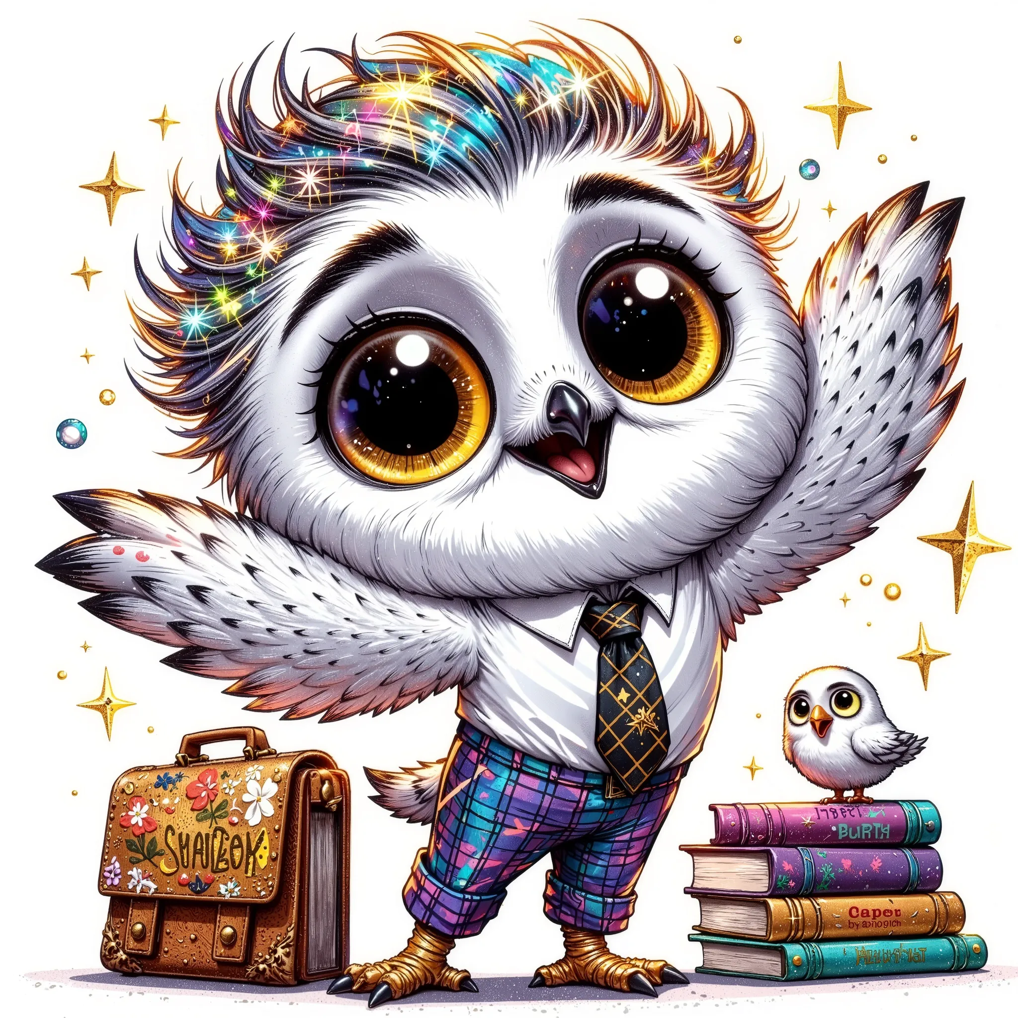(extremally detailed hi-rez: 1.5) a quirky crazy happy expressive emotions by pixarand Zootopia,glossing vibrant vivid, color-metallicgoldlines-inkblacklines, watercolor with clear contours, single very cute flirtous 15years Hedwig white polar owlteenager ...
