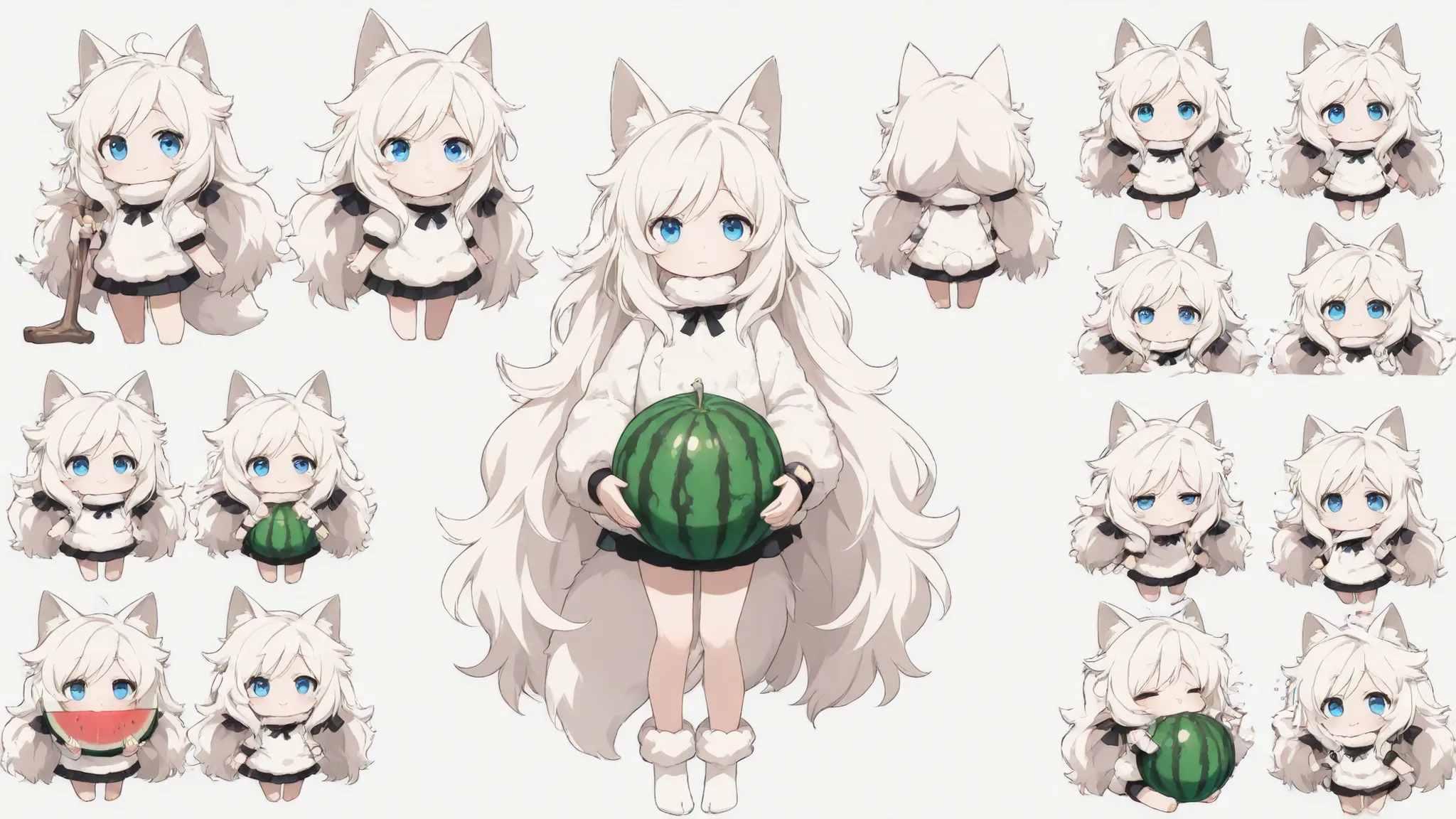 (Top Quality, Masterpiece, Super Detail, High Quality), 
  blue eyes, white hair, very long side hair, extra long hair in low twin tails, white fox ears,、 lots of round sheep wool flying around, perfectly round sheep fur, a head and white fox tail sticking...