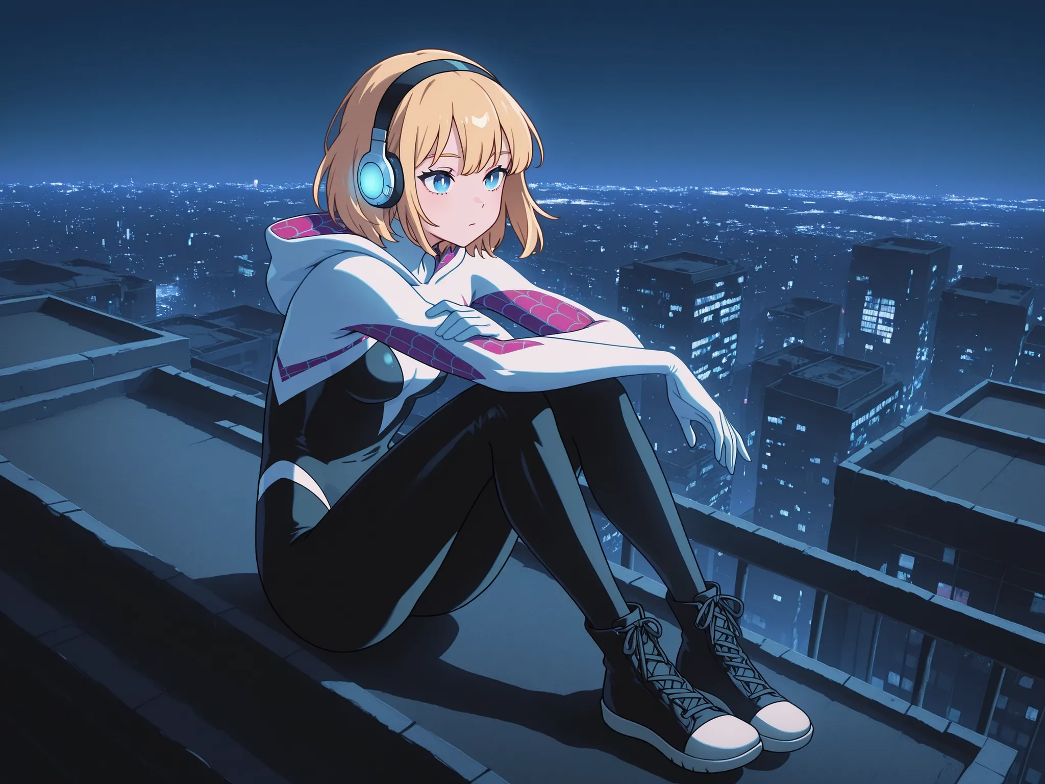 1girl, solo, superhero, ghost_spider_(spider-verse), short hair, blonde hair, hairband, blue eyes,  night city, full body, sits on the roof, headphones, listens to music 