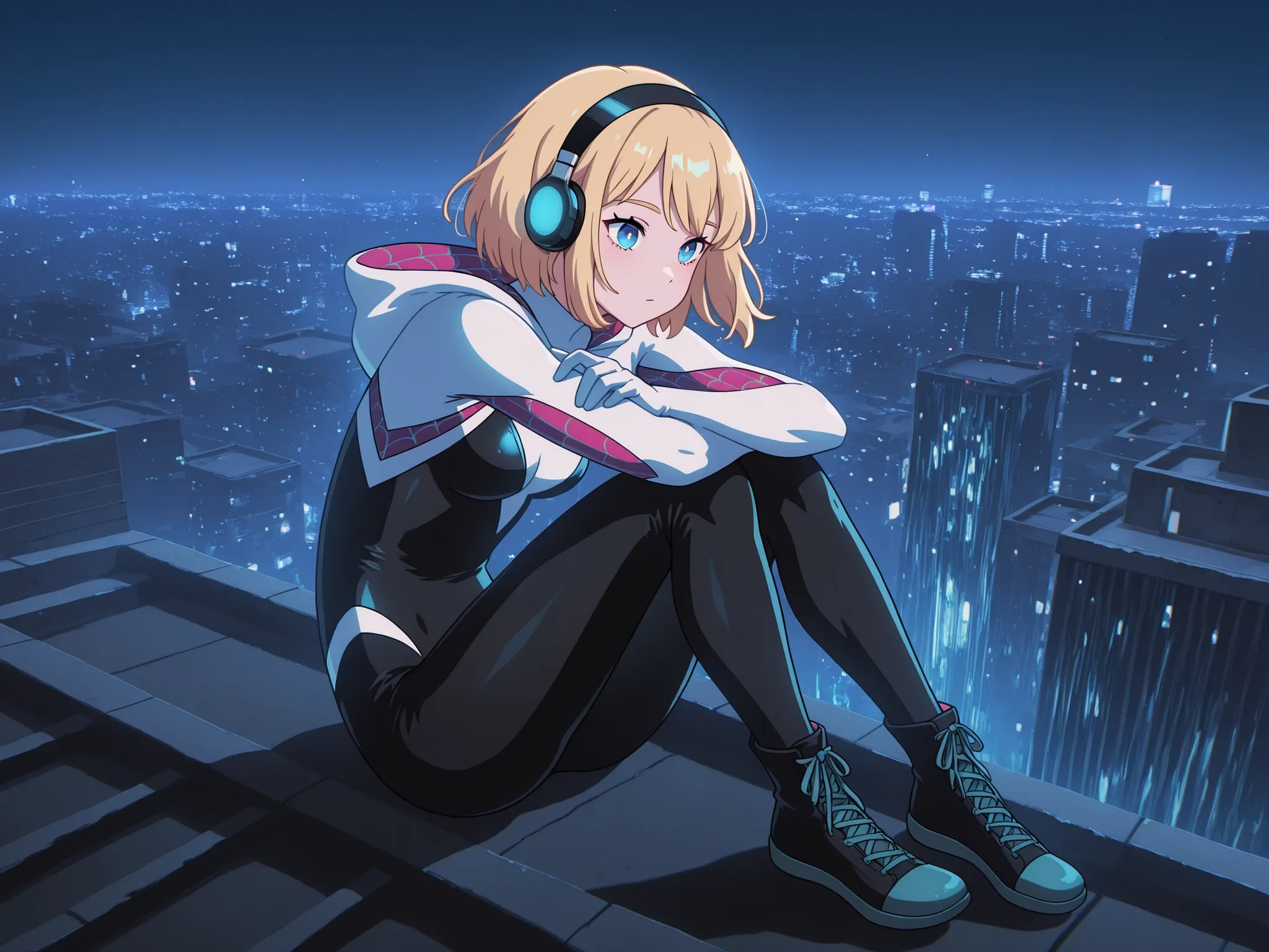 1girl, solo, superhero, ghost_spider_(spider-verse), short hair, blonde hair, hairband, blue eyes,  night city, full body, sits on the roof, headphones, listens to music 