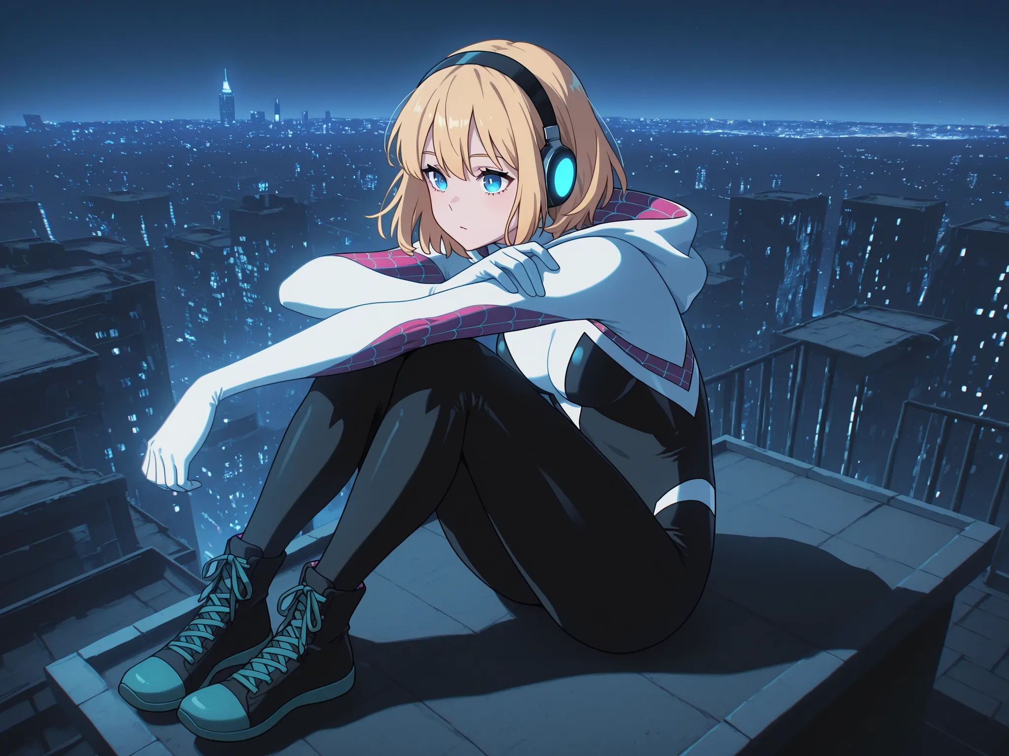 1girl, solo, superhero, ghost_spider_(spider-verse), short hair, blonde hair, hairband, blue eyes,  night city, full body, sits on the roof, headphones, listens to music 