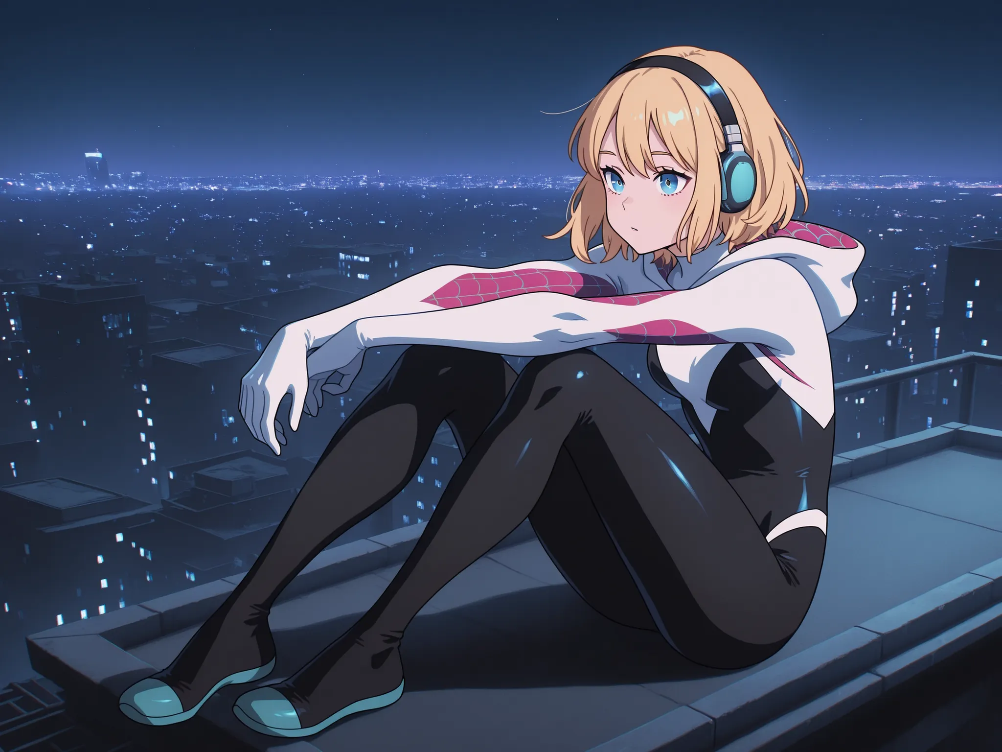 1girl, solo, superhero, ghost_spider_(spider-verse), short hair, blonde hair, hairband, blue eyes,  night city, full body, sits on the roof, headphones, listens to music 
