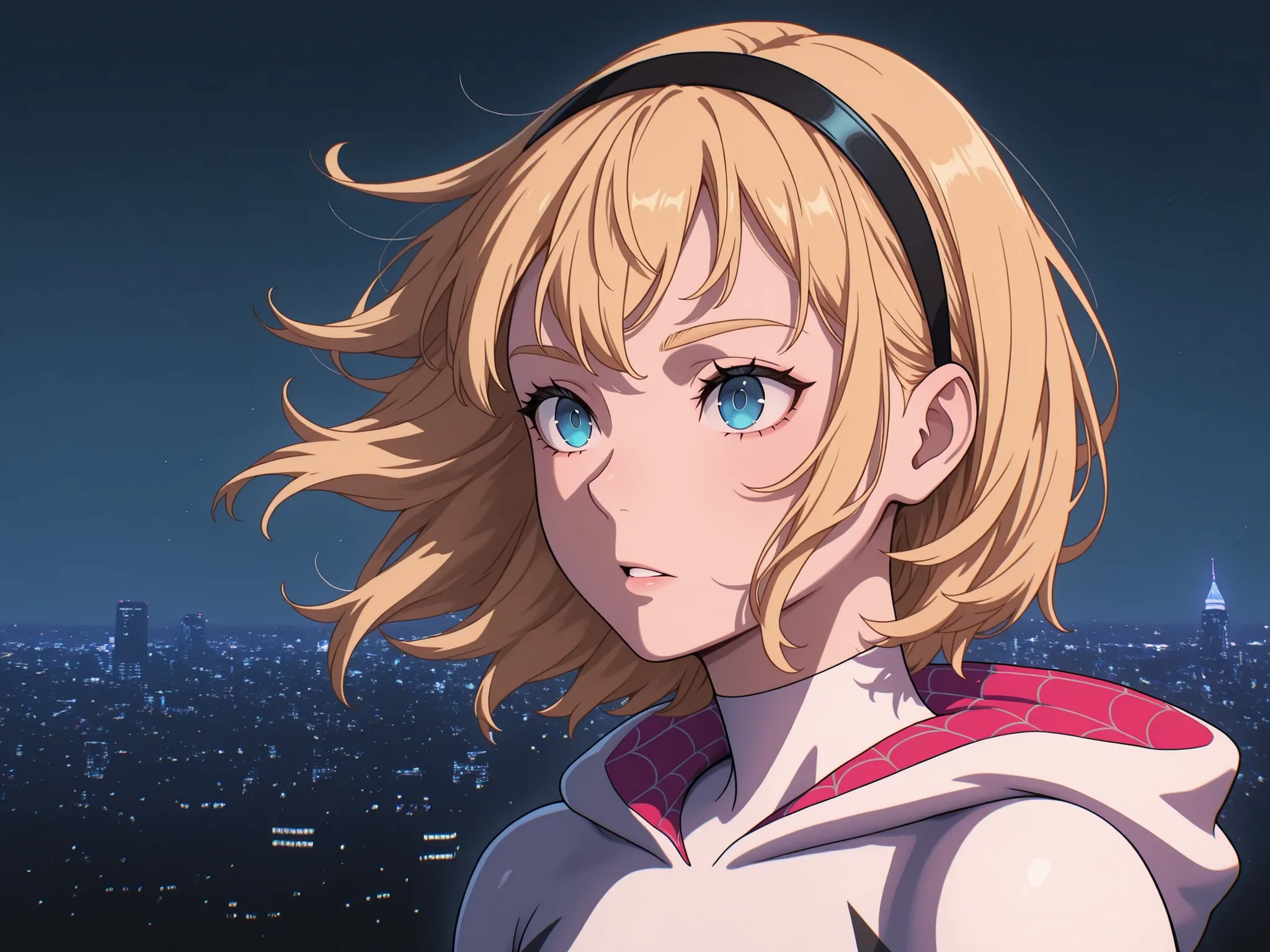 1girl, solo, superhero, ghost_spider_(spider-verse), short hair, blonde hair, hairband, blue eyes,  night city 