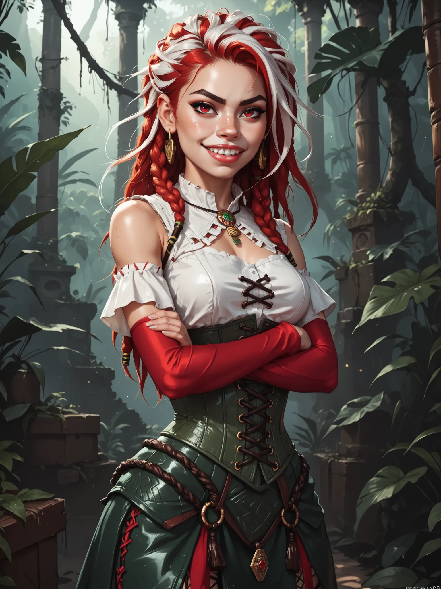 Serious expression. Slender body. Lean body-type. Marble-White skin. Cute 18-year-old Aztec and Indonesian girl with Asian red eyes and unnaturally sharp teeth and dreadlocks (white and red hair). Intense red eyes. Small mouth. Sharp and shark-like teeth. ...