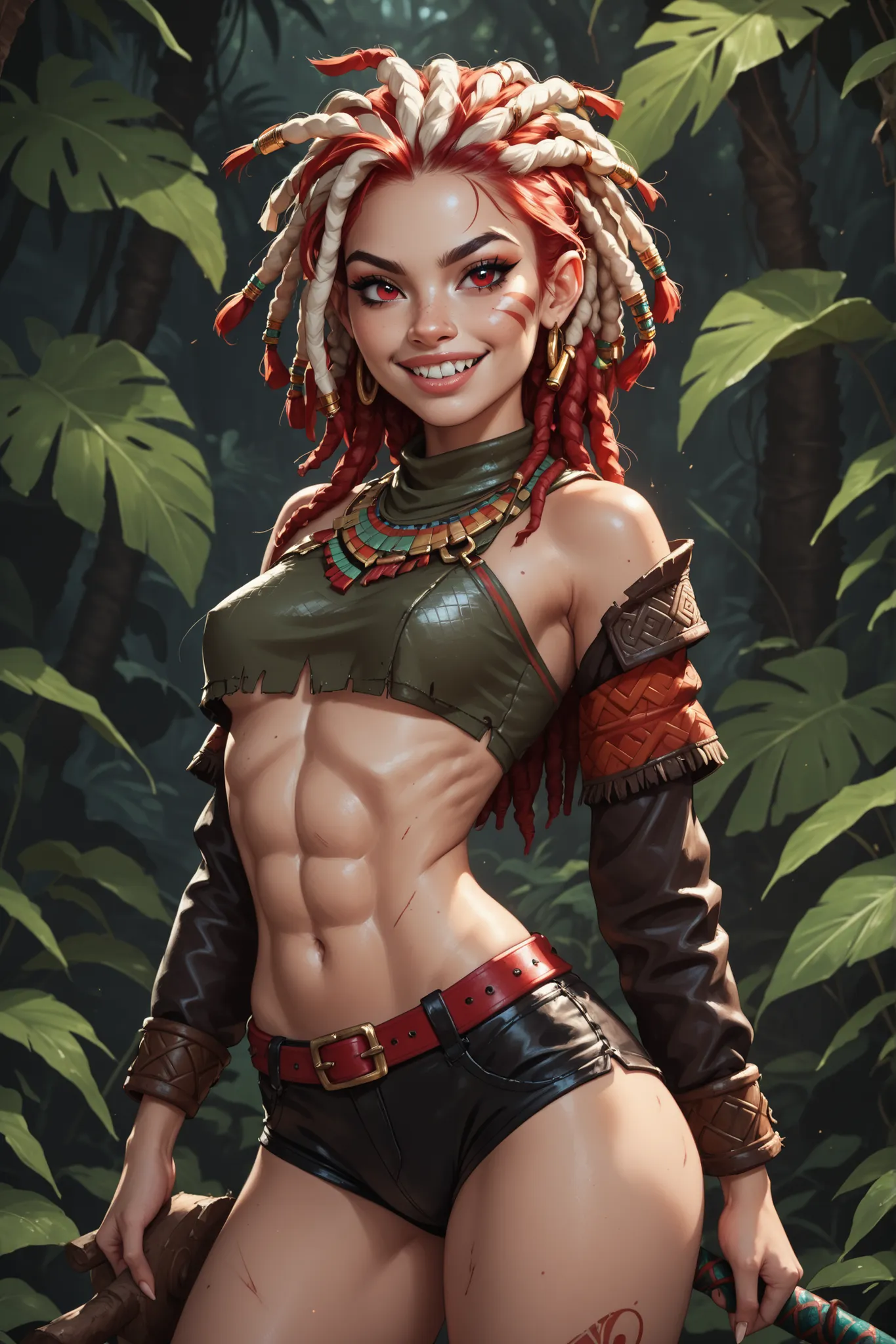 Serious expression. Slender body. Lean body-type. Marble-White skin. Cute 18-year-old Aztec and Indonesian girl with Asian red eyes and unnaturally sharp teeth and dreadlocks (white and red hair). Intense red eyes. Sharp and shark-like teeth. She has a cut...