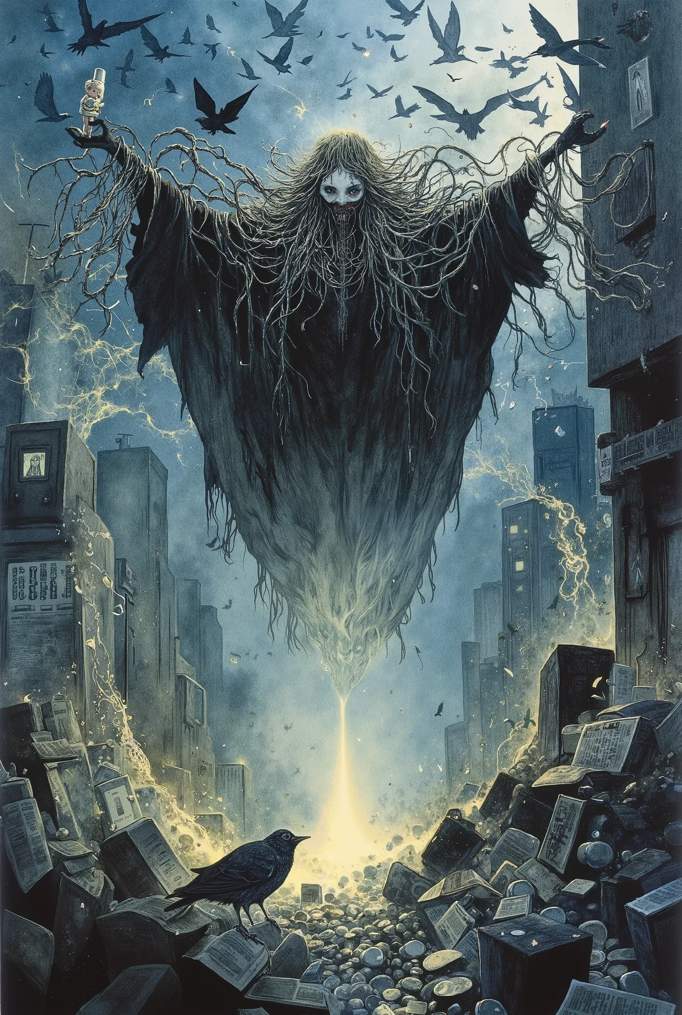 A dynamic scene:
The spirit of the garbage dumps hovers over the night dump in a whirlwind of wind-blown garbage. His plastic cape flutters like the wings of a giant bat, and hundreds of small scavenger spirits (sand bark) circle around him in a frenzied d...