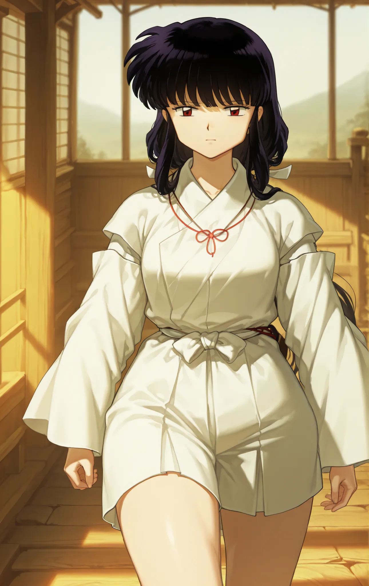 High quality, 1 girl, ((Kikyō)), from Inuyasha, curvaceous figure with thick thighs and nice hips, walking on a dirt road in a Japanese feudal village, traditional wooden houses on the sides, rice fields visible in the distance, soft misty fog covering the...