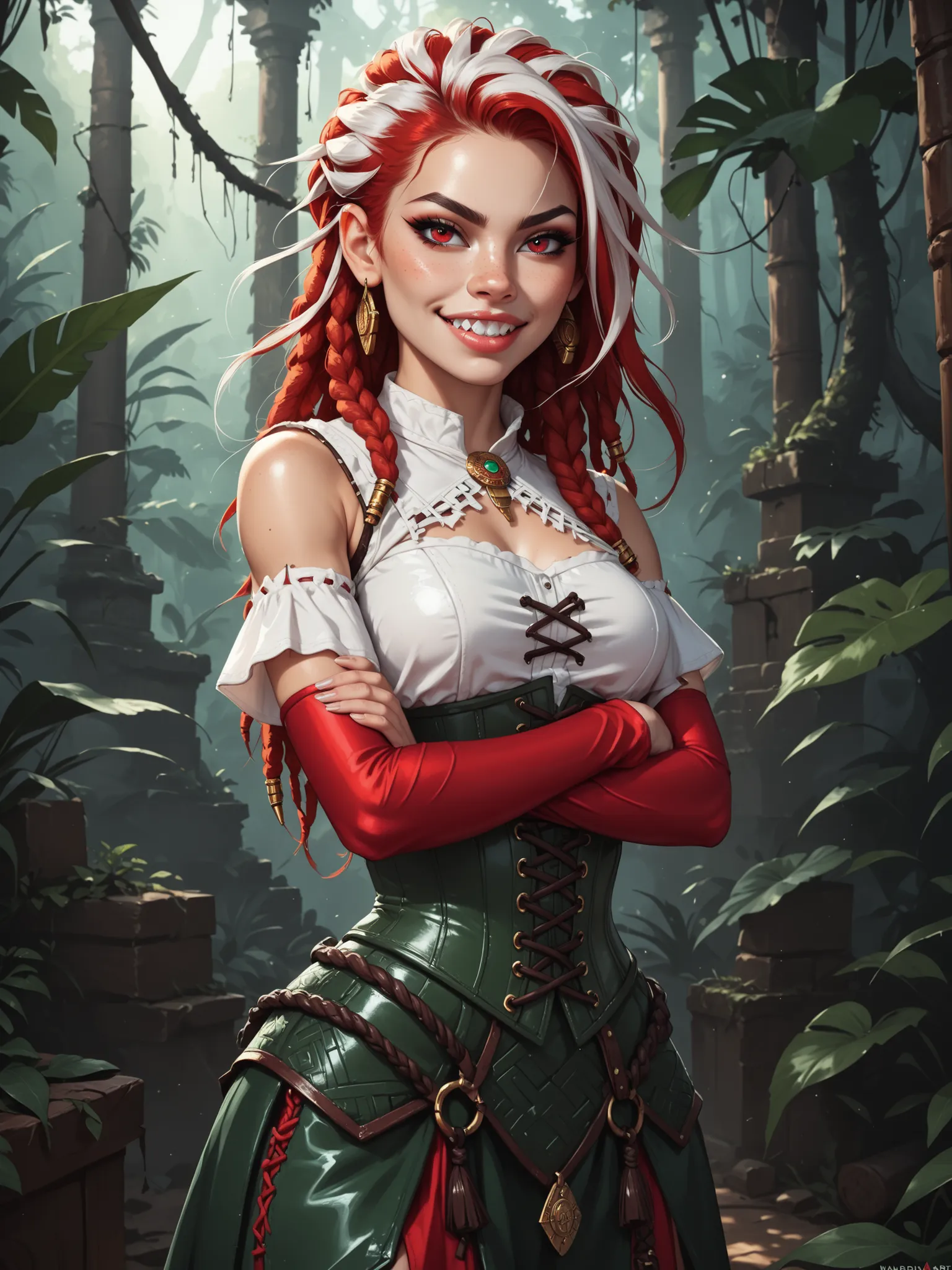 Serious expression. Slender body. Lean body-type. Marble-White skin. Cute 18-year-old Aztec and Indonesian girl with Asian red eyes and unnaturally sharp teeth and dreadlocks (white and red hair). Intense red eyes. Small mouth. Sharp and shark-like teeth. ...