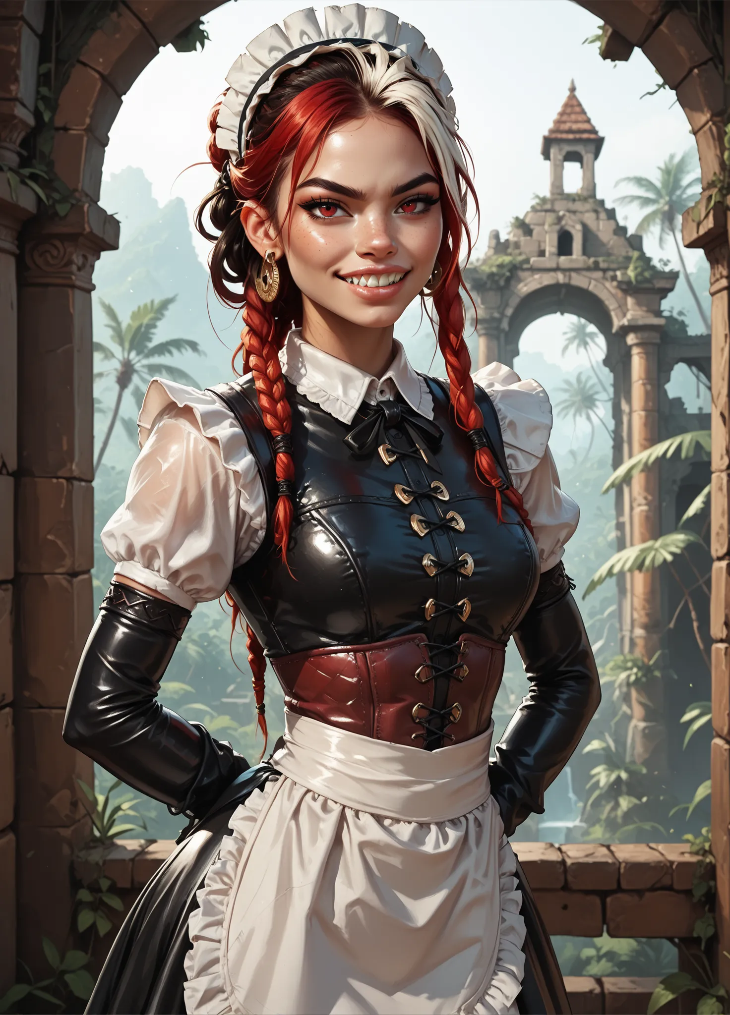 Serious expression. Slender body. Lean body-type. Marble-White skin. Cute 18-year-old Aztec and Indonesian girl with Asian red eyes and unnaturally sharp teeth and dreadlocks (white and red hair). Intense red eyes. Sharp and shark-like teeth. She has a cut...