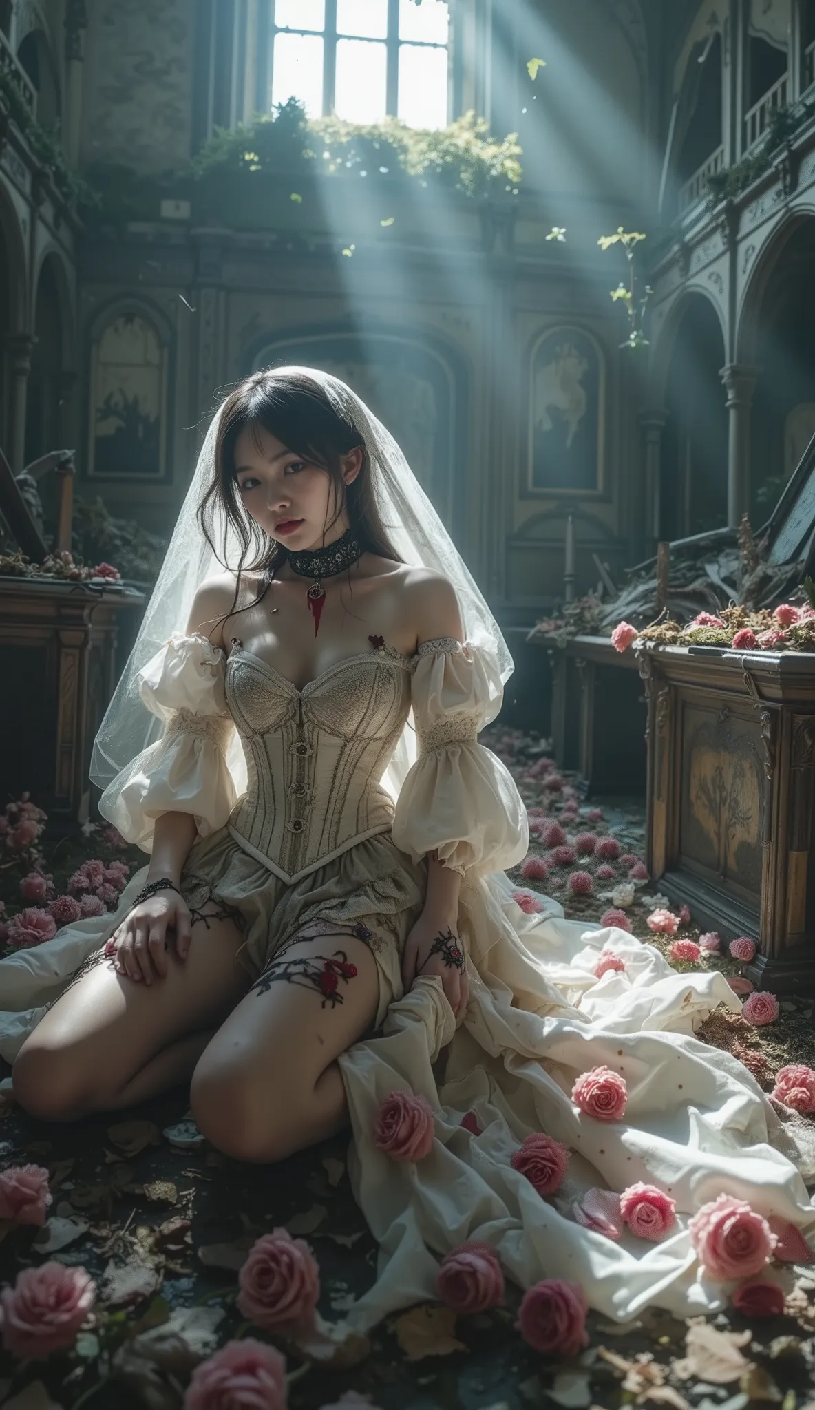 subject: ancient vampire bride abandoned at her rose-laden altar, frozen in time, eyes filled with silent betrayal
outfit: withered ivory corset with darkened rose lace, trailing veil tangled with dry petals, pale stockings torn at thigh, black choker wi...