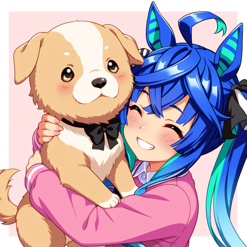 Uma Musume, super masterpiece, super high quality, super high quality, super high detail, super high resolution, beautiful image, artistic image, 256K, one girl, Twin Turbo (Uma Musume), horse ears, tail, smile, blush, puppy, small puppy, hug, cute, adorable, gentle background, heartwarming, heartful,