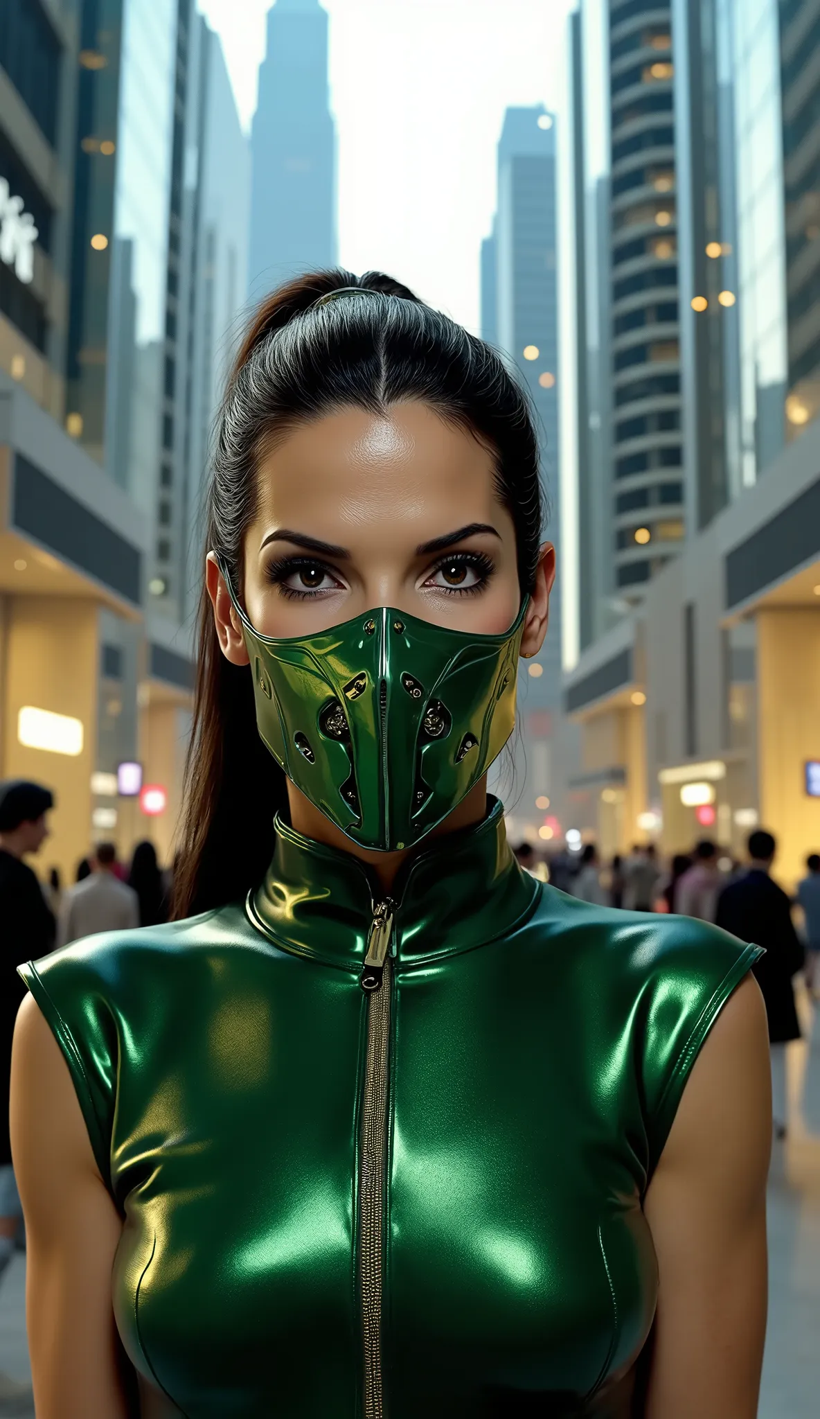 Sandra Bullock hyper realistic like Jade from Mortal Kombat with her green metal mask only on top of her body, Background a Dubai setting with mirrored people and buildings 