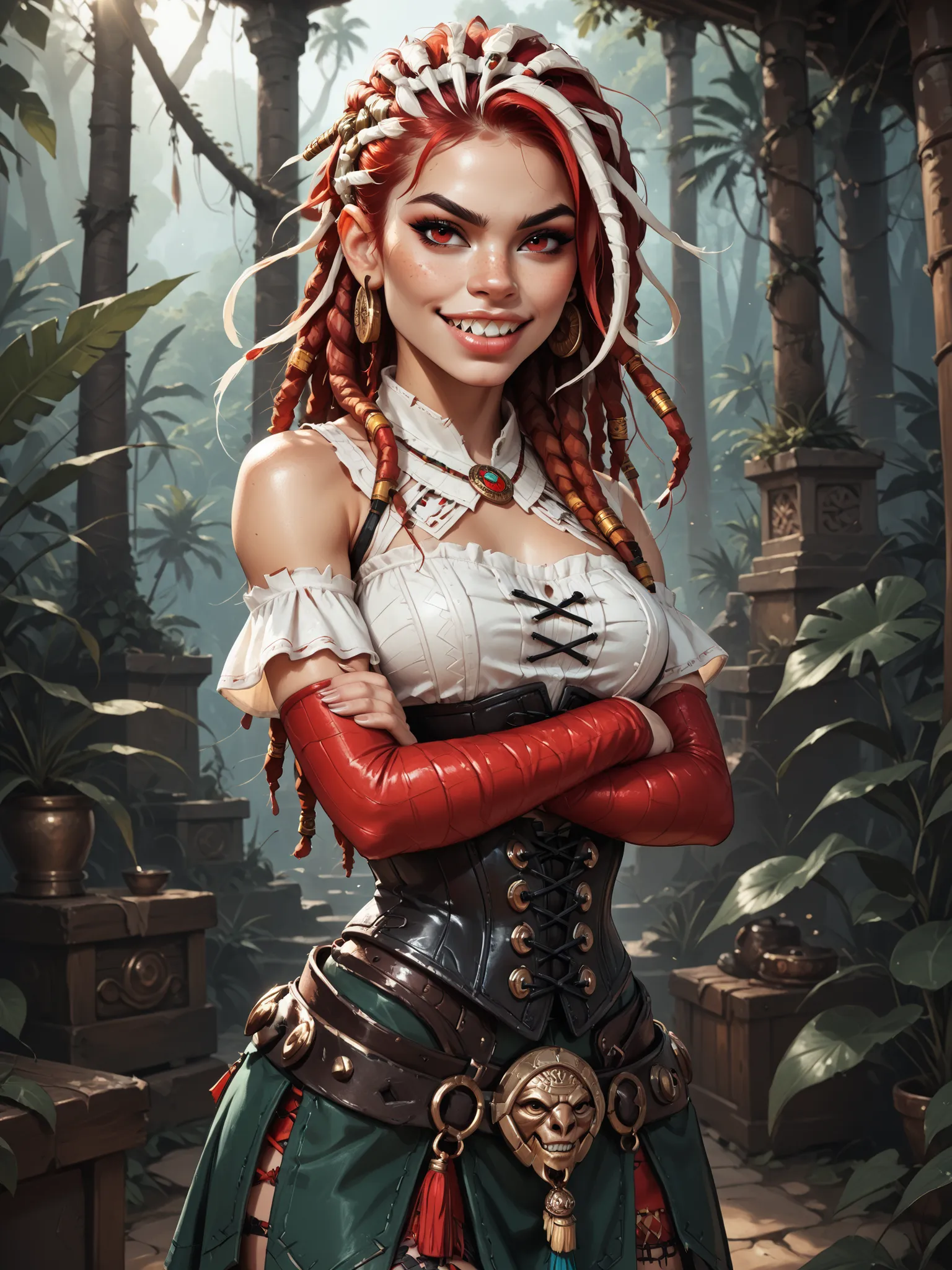Serious expression. Slender body. Lean body-type. Marble-White skin. Cute 18-year-old Aztec and Indonesian girl with Asian red eyes and unnaturally sharp teeth and dreadlocks (white and red hair). Intense red eyes. Sharp and shark-like teeth. She has a cut...