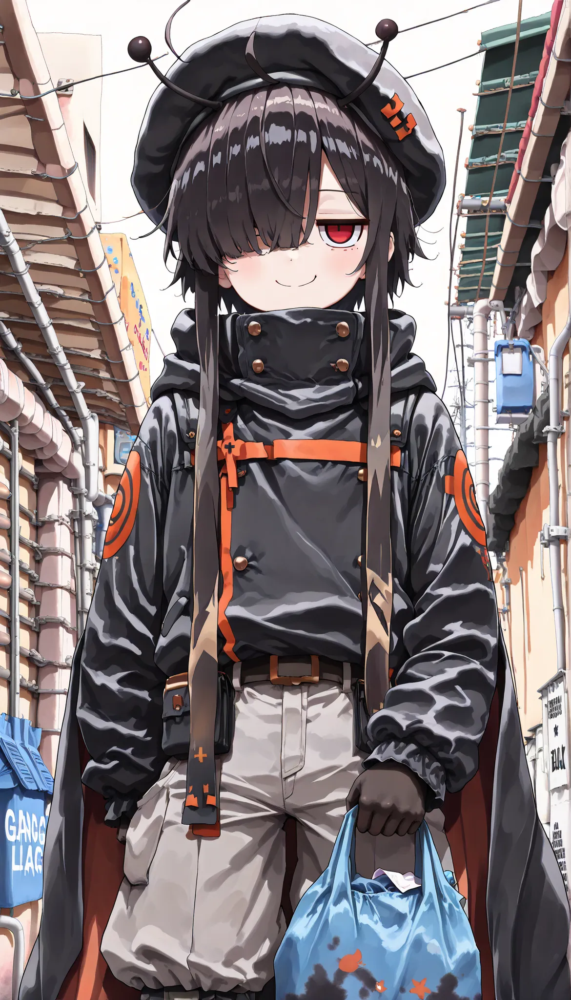 ( masterpiece , best quality , high quality ,8k,)  ( watercolor style illustration, :1.3) solo personification of ant girl knight (black-hair:1.4)    (hair over one  eye, bangs, long bangs, :1.4) red-eyes (jitome:1.3) black-powerd-armor jacket pants zentai...