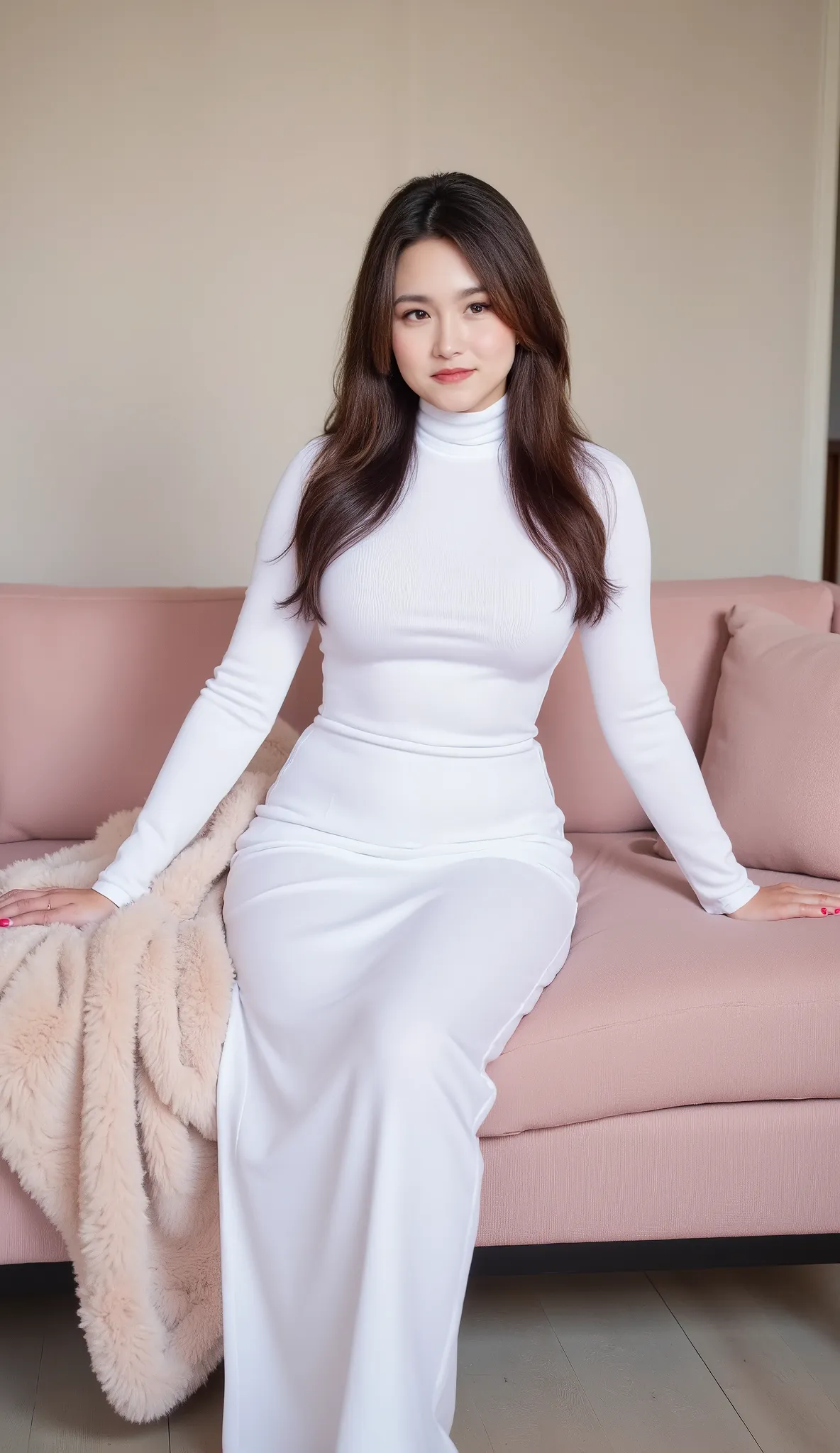 Female Indonesia actress, long hair, wearing white maxi bodycon thick dress, turtleneck, long sleeve, high heels, big breast, hugging pale pink mink blanket, full body view, front view, sitting on the couch, in pale pink living room