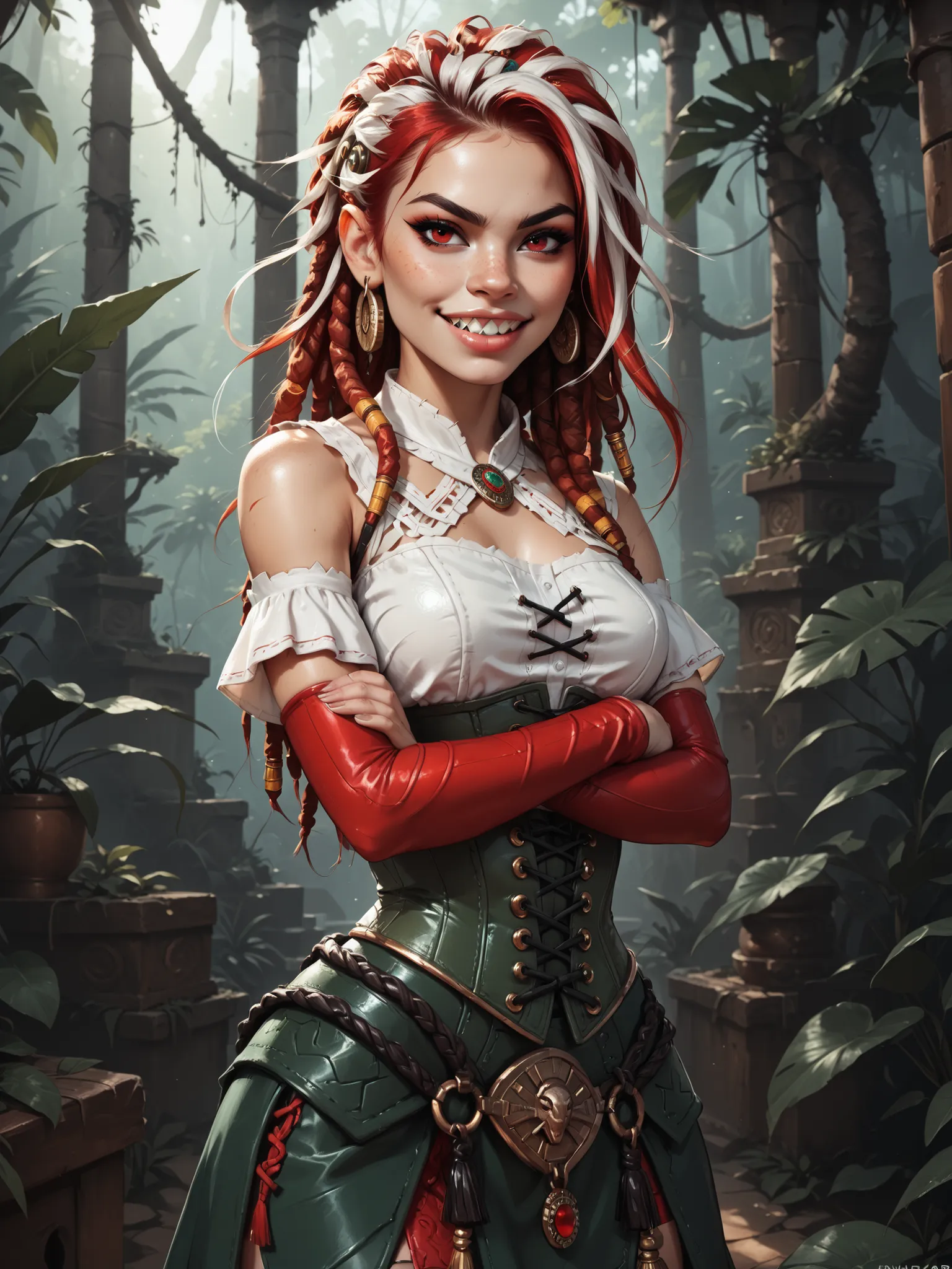 Serious expression. Slender body. Lean body-type. Marble-White skin. Cute 18-year-old Aztec and Indonesian girl with Asian red eyes and unnaturally sharp teeth and dreadlocks (white and red hair). Intense red eyes. Sharp and shark-like teeth. She has a cut...