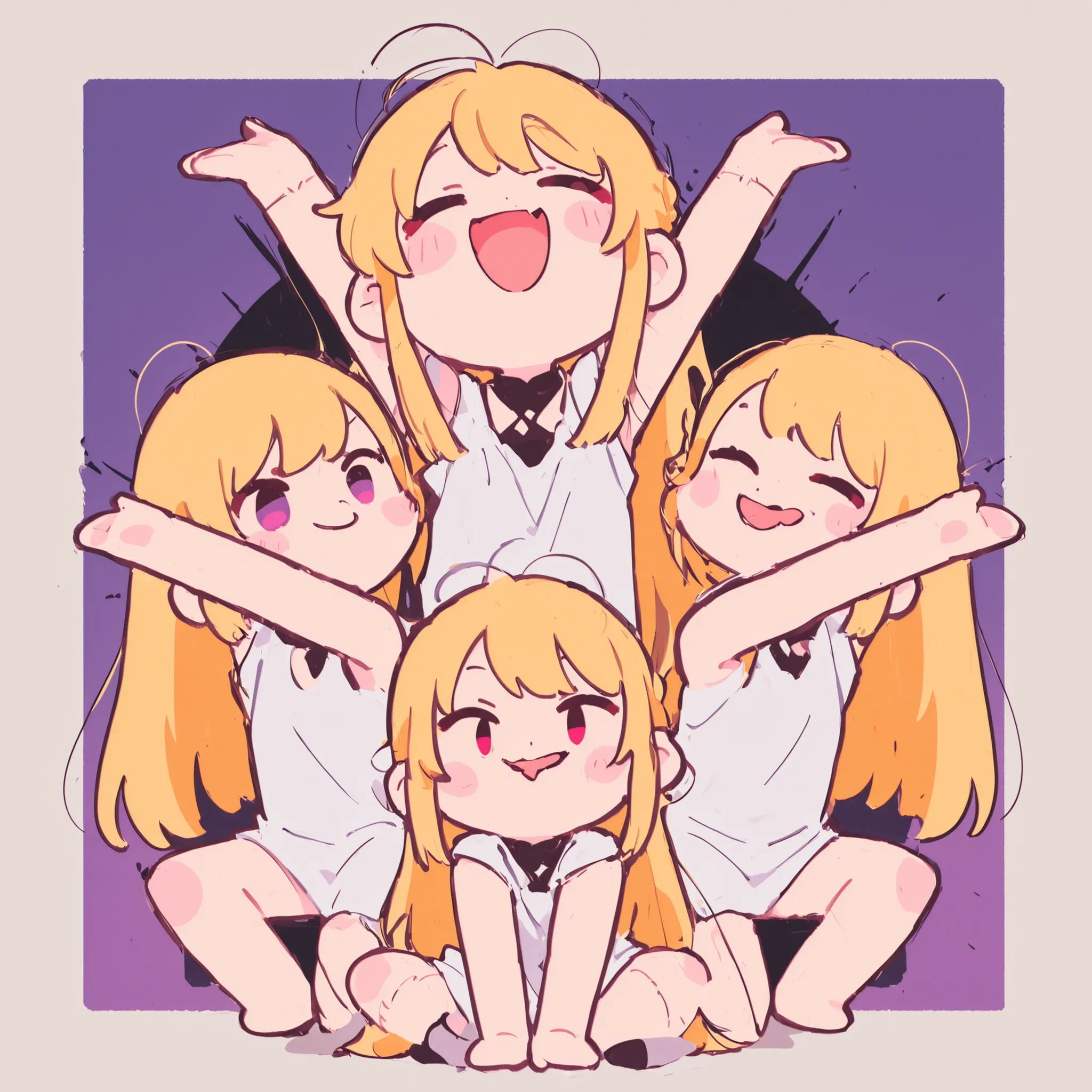 drawing of a woman with very very long blonde hair sitting on a group of three small dolls, chibi, cl, chibi art, high quality fanart, with arms raised above her head, chibi style, evil pose, pose(arms up + happy), advanced digital chibi art, anime chibi, ...