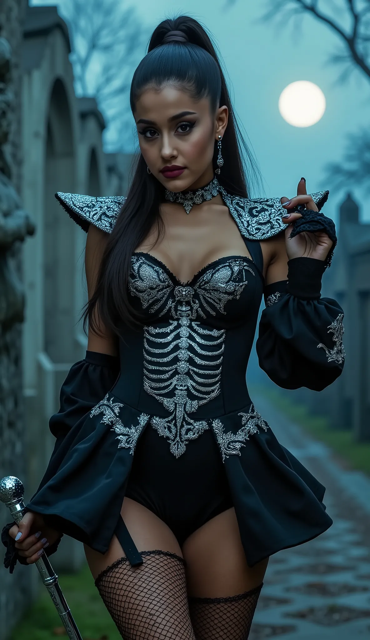 masterpiece, medium close-up (from upper thighs to head), Peruvian waripolera as gothic military leader, wearing EXACT Black Parade uniform modified: (black high-neck corset leotard with silver epaulets:1.6), (ultra-short black satin skirt with silver skel...
