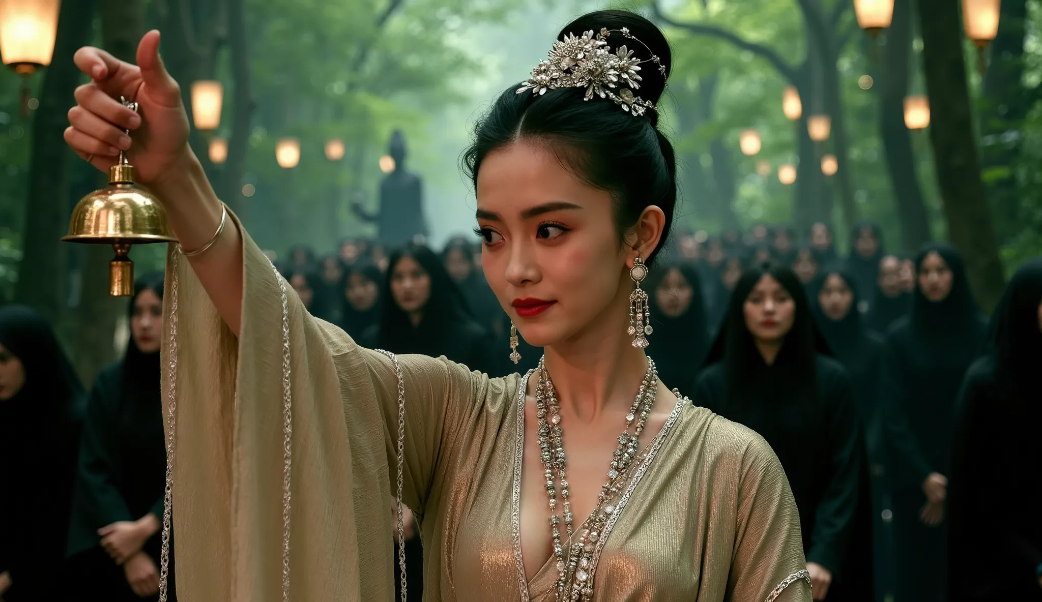 Amid the mysterious jungle atmosphere, an oriental girl in a magnificent native dress is the main character. She kept her classic boxy hair, adorned with small silver flowers and exquisite silver hairpins, wore necklaces, earrings and other jewelry made of...