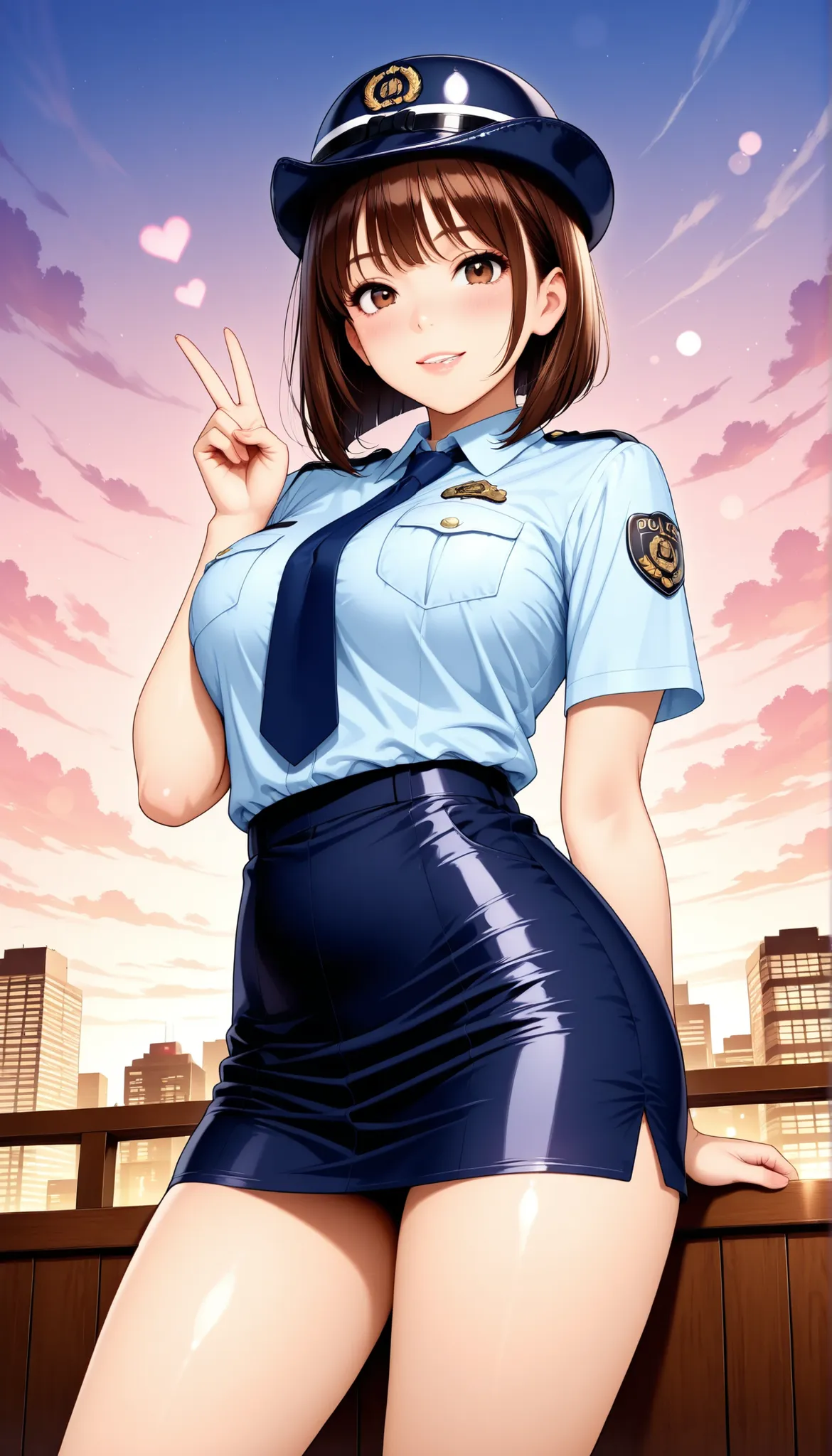 Semi realistic, solo, female police officer, Standing Pose, cowboy shot, low angle, downtown, cityscape, (police uniform, miniskirt, female service cap), beautiful expression , kind smile, attractive eyes, glossy skin, graceful behavior, Fine Gloss, parte...
