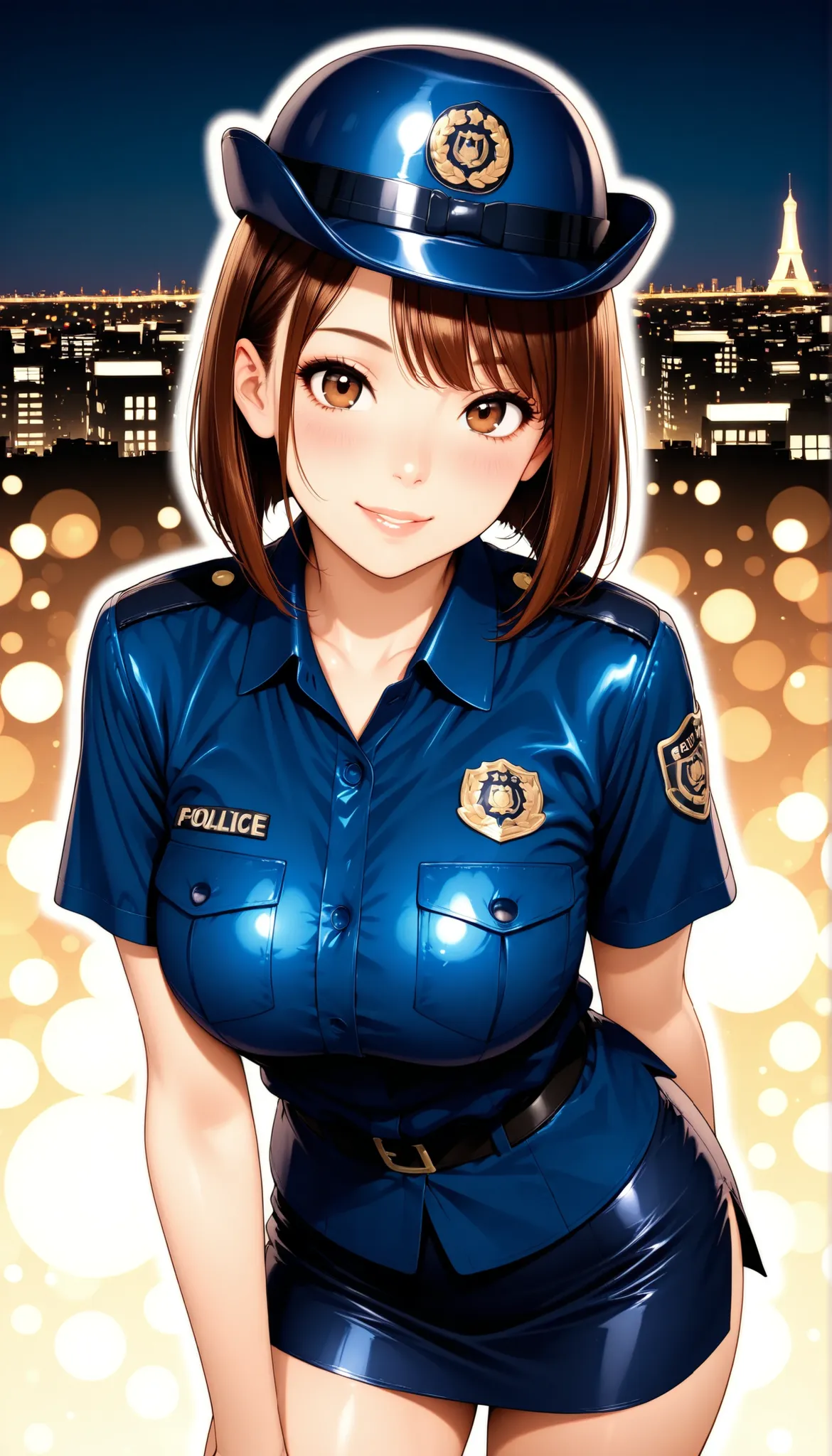 Semi realistic, solo, female police officer, Standing Pose, cowboy shot, downtown, cityscape, (police uniform, miniskirt, female service cap), beautiful expression , kind smile, attractive eyes, glossy skin, graceful behavior, Fine Gloss, parted 唇, brown ...