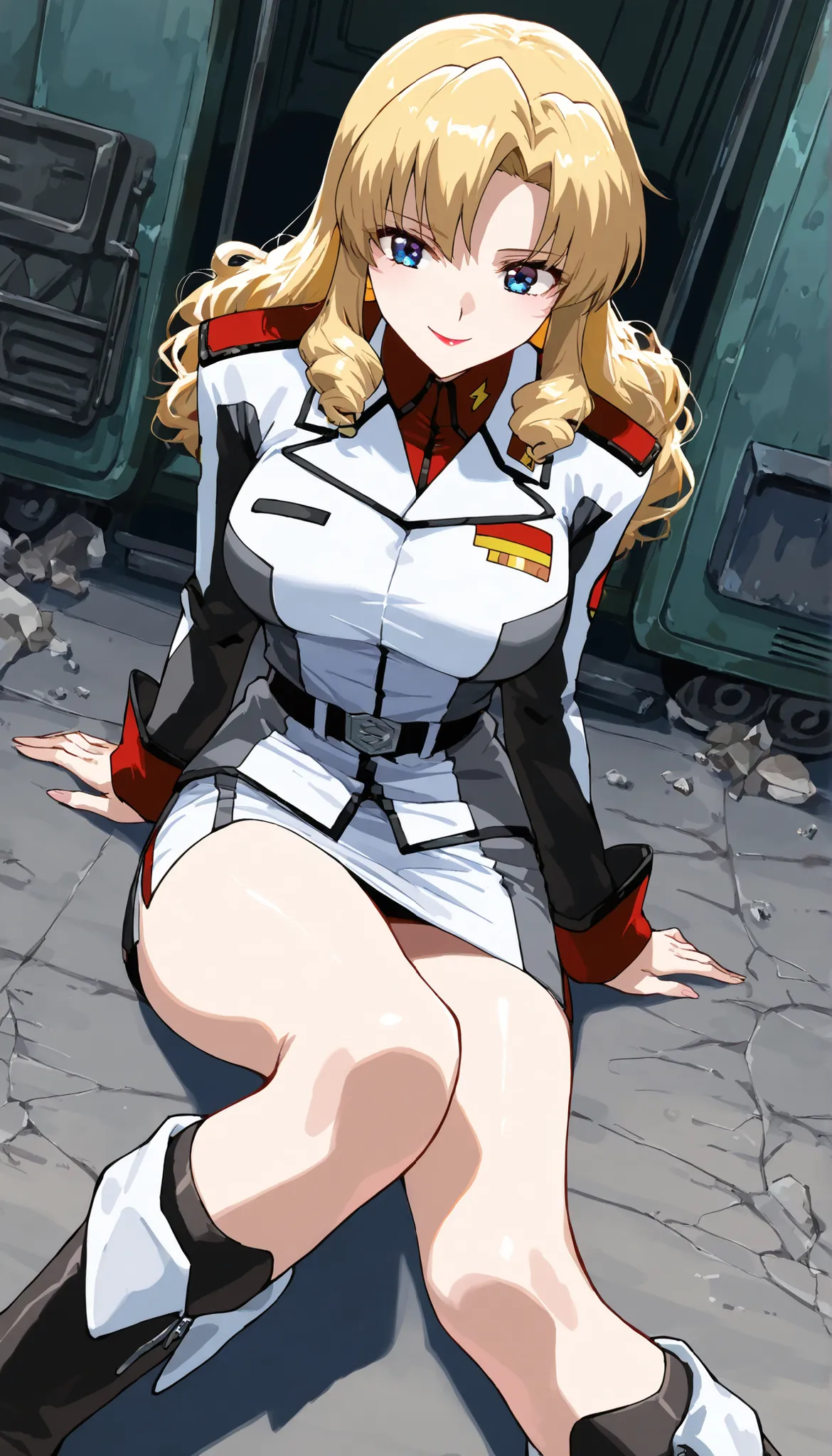 (Beautiful girl : 1.3),1 girl, 21 years old, (murrue, blond hair, blue eyes, lipstick, long curly hair), (military uniforms, short skirt boots), Smile Ian, street with skyscrapers in the background, dynamic angle, masterpiece, expression of the highest qua...