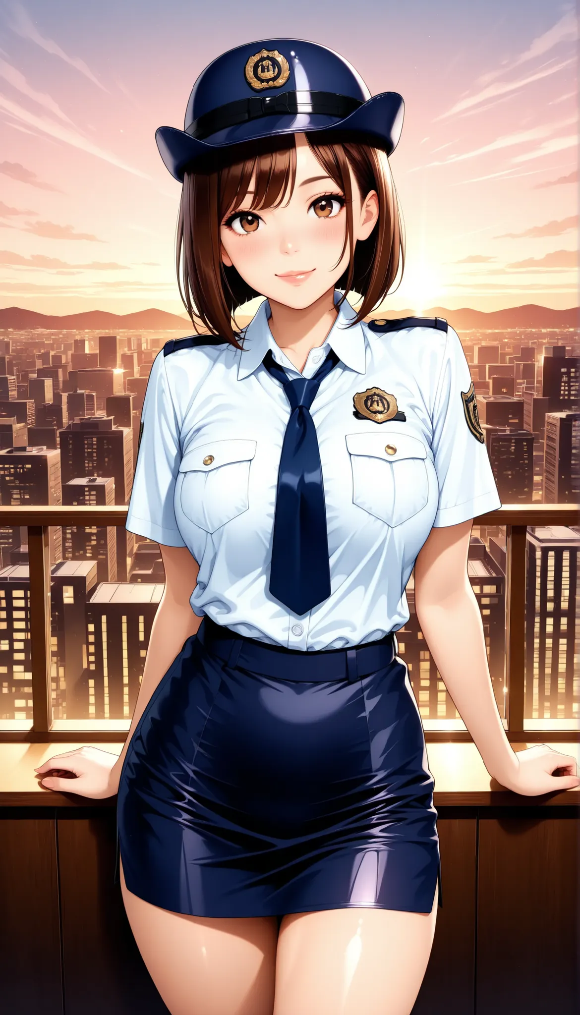 Semi realistic, solo, female police officer, Standing Pose, cowboy shot, downtown, cityscape, (police uniform, miniskirt, female service cap), beautiful expression , kind smile, attractive eyes, glossy skin, graceful behavior, Fine Gloss, parted 唇, brown ...