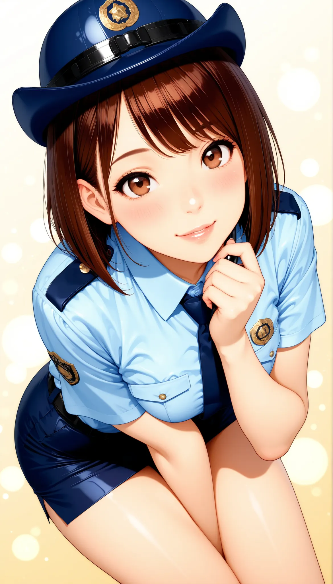 Semi realistic, solo, female police officer, (police uniform, miniskirt, female service cap), beautiful expression , kind smile, attractive eyes, glossy skin, graceful behavior, Fine Gloss, parted 唇, brown hair, inverted bob, blush, sexy portrait, Medium ...