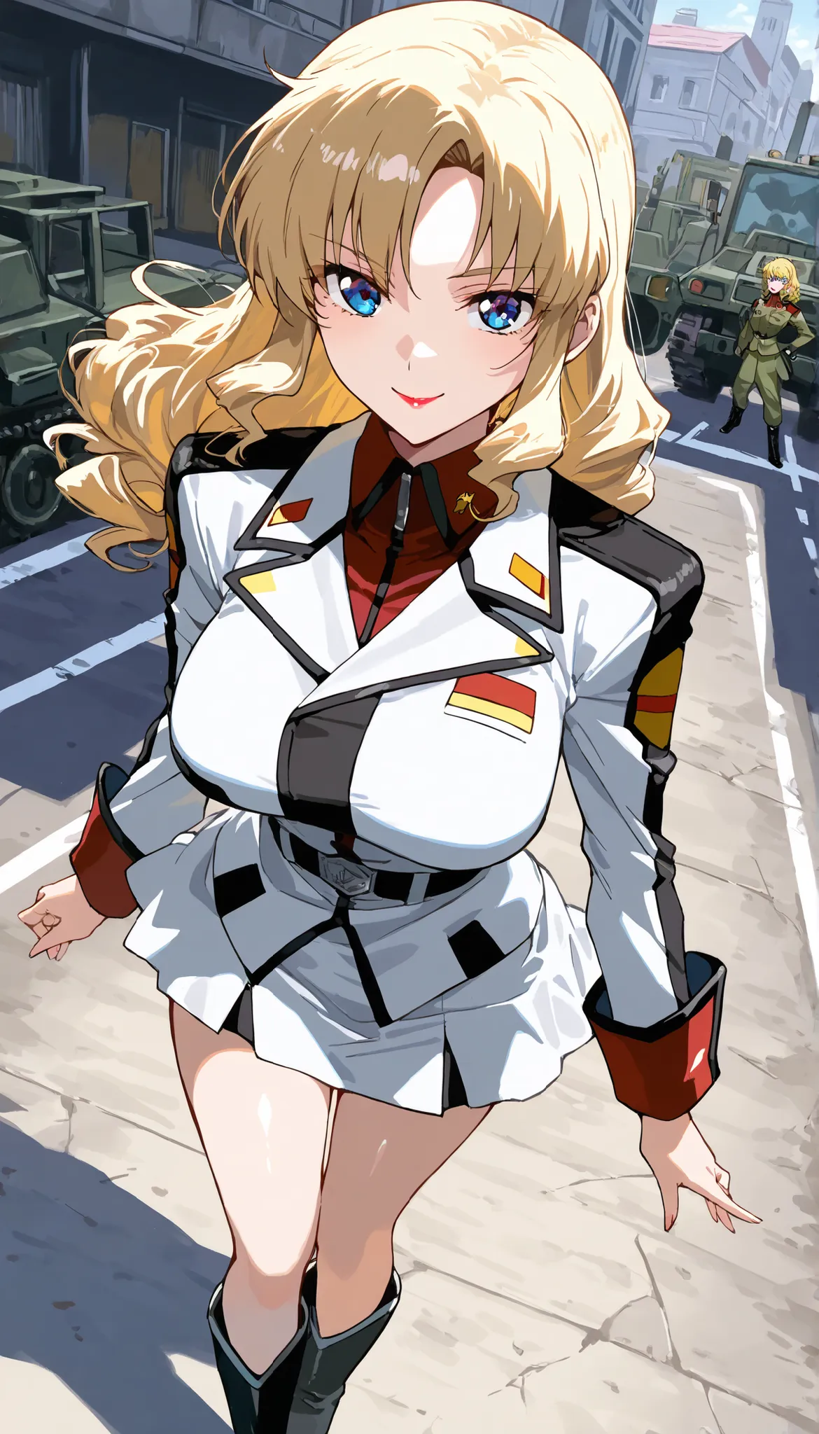 (Beautiful girl : 1.3),1 girl, 21 years old, (murrue, blond hair, blue eyes, lipstick, long curly hair), (military uniforms, short skirt boots), Smile Ian, street with skyscrapers in the background, dynamic angle, masterpiece, expression of the highest qua...