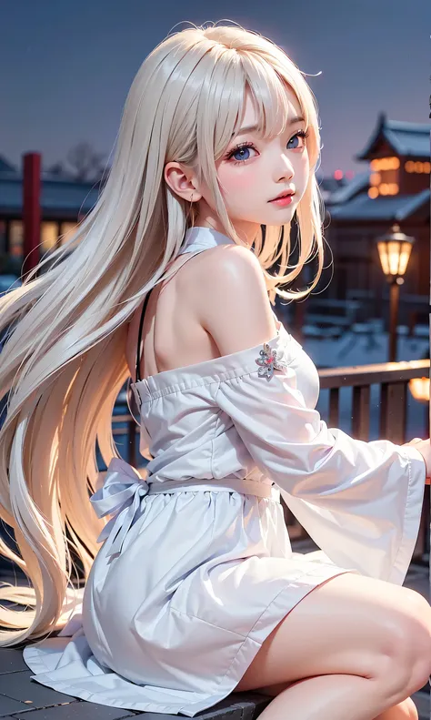 ((The theme is white, black, and night views))(the girl is pensive and twilight with the night view in the background。Side view of a girl looking down blankly at night view、物思いに耽り黄昏る少女をFrom the side映した写真。Mr.々and be faintly illuminated by the city's reflect...