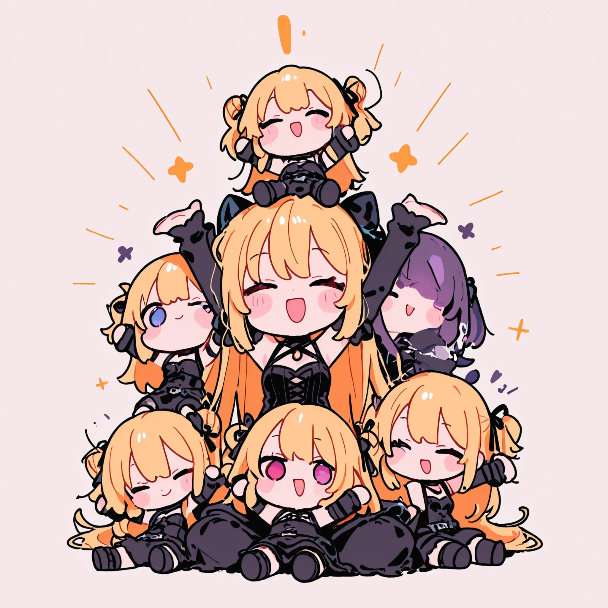 drawing of a woman with very very long blonde hair sitting on a group of three small dolls, chibi, cl, chibi art, high quality fanart, with arms raised above her head, chibi style, pose(arms up + happy), advanced digital chibi art, anime chibi, charicature...
