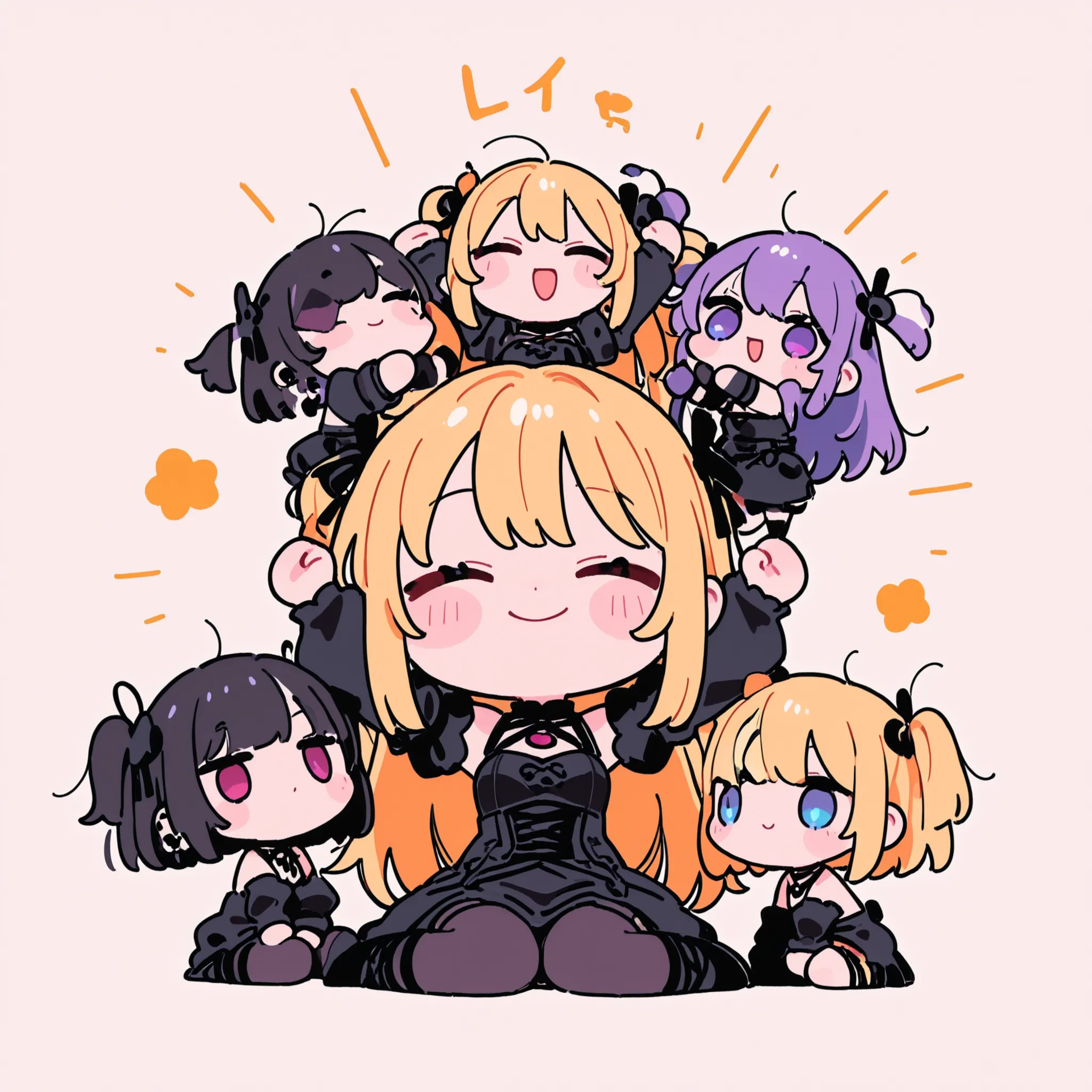 drawing of a woman with very very long blonde hair sitting on a group of three small dolls, chibi, cl, chibi art, high quality fanart, with arms raised above her head, chibi style, pose(arms up + happy), advanced digital chibi art, anime chibi, charicature...