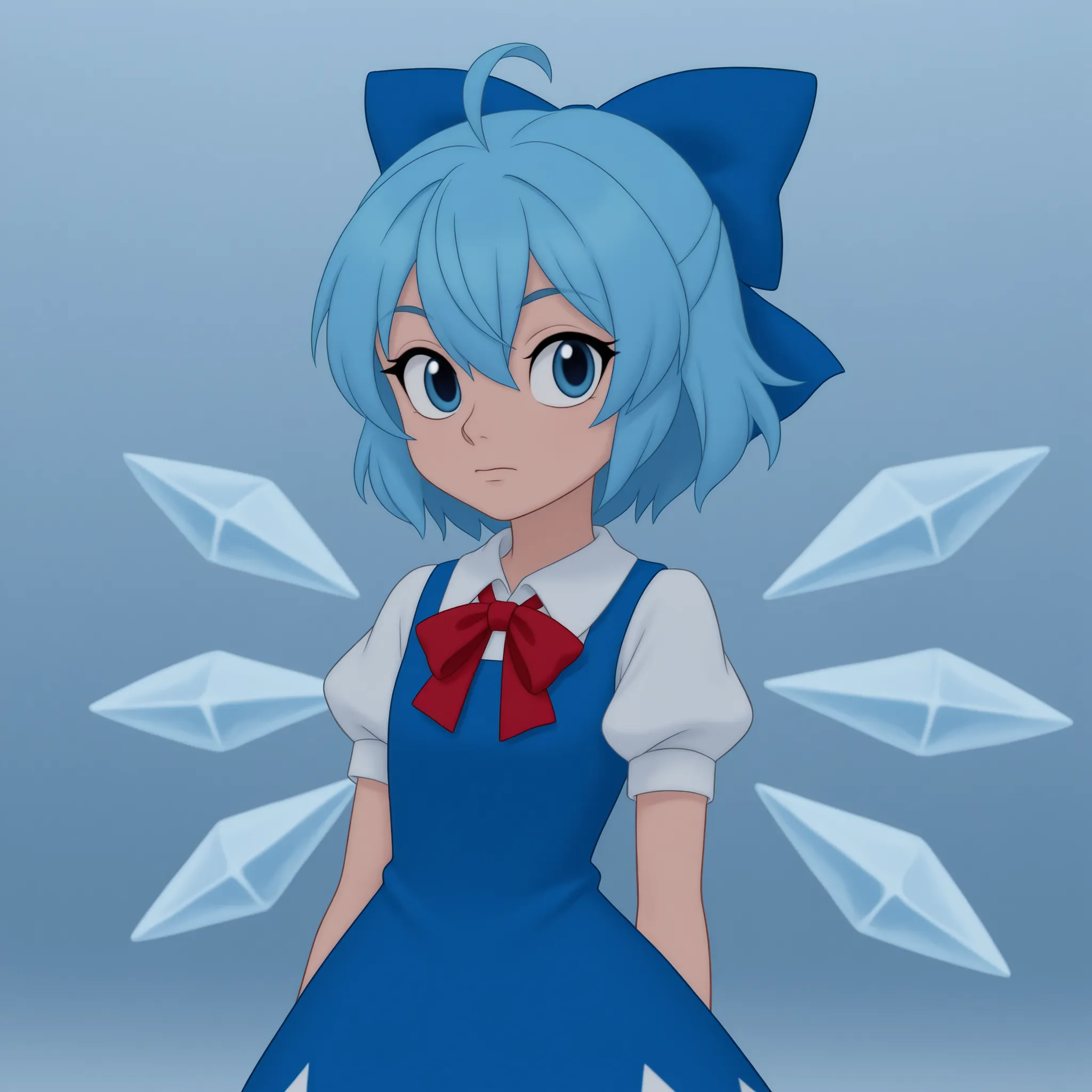 DisneyClassics disney  score_9, score_8_up, score_7_up, zzCirno, blue eyes, hair between eyes, ahoge, blue hair, hair bow, short hair,,zzCirno, blue eyes, hair between eyes, ahoge, blue hair, hair bow, short hair, blue dress, puffy short sleeves, white shi...
