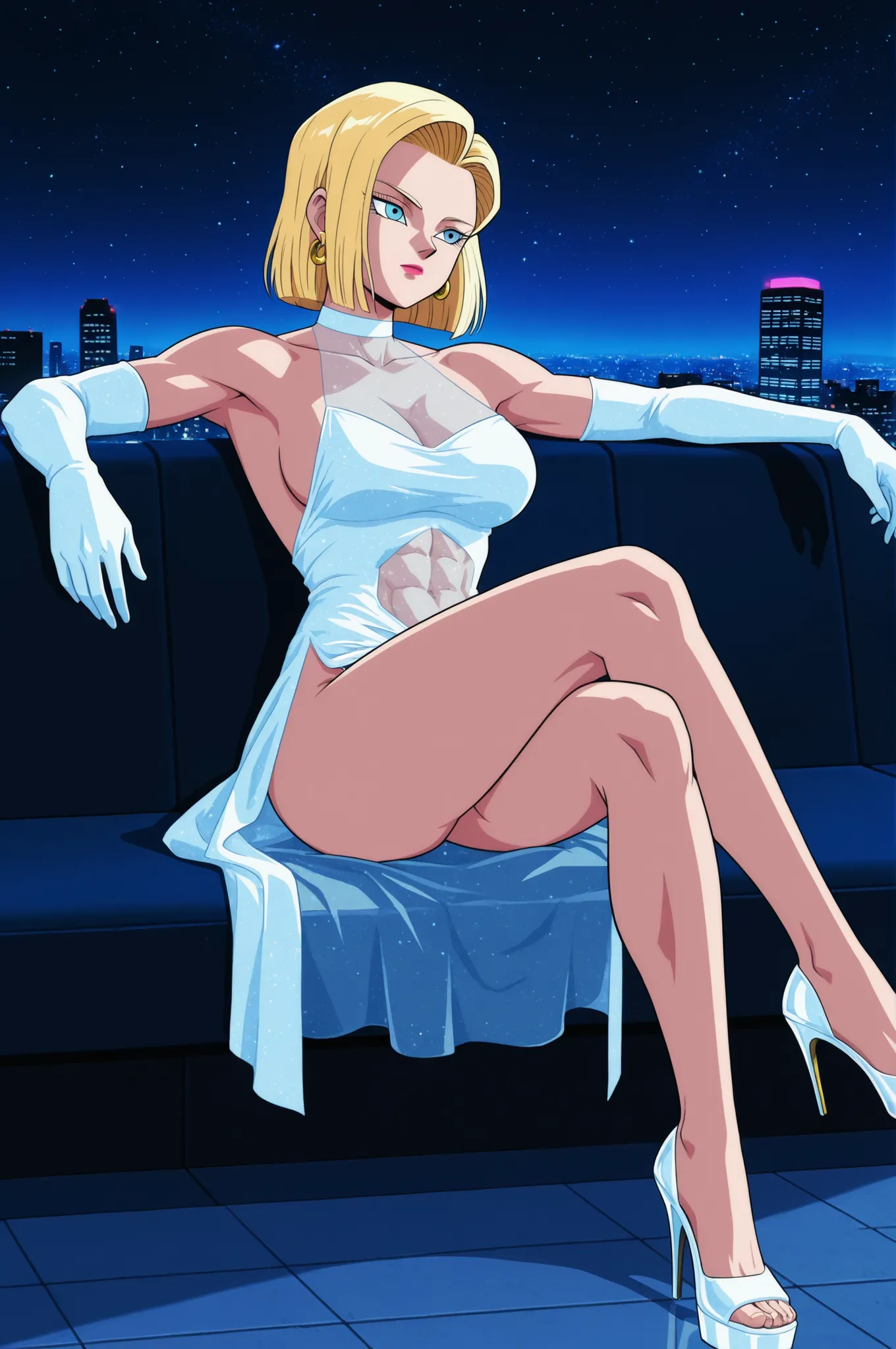 Flat color—  android_18, 1girl, solo, sitting, legs crossed, arms resting along the back of a furniture, relaxed posture, leaning back, facing forward, night_scene, starry_sky, rooftop terrace at night, luxury city skyline, glowing ambient lights, marble f...