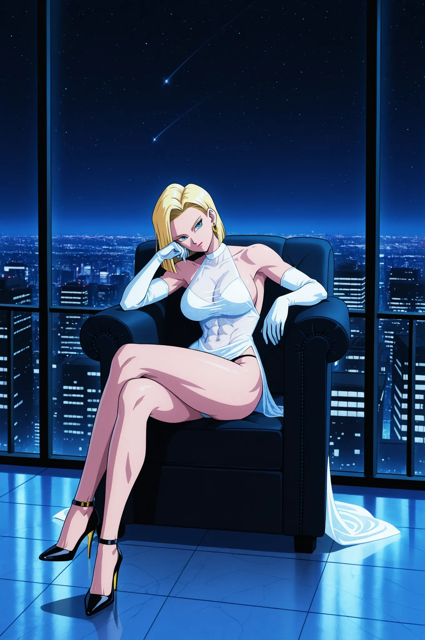 Flat color—  android_18, 1girl, solo, sitting, legs crossed, arms resting along the back of a furniture, relaxed posture, leaning back, facing forward, night_scene, starry_sky, rooftop terrace at night, luxury city skyline, glowing ambient lights, marble f...