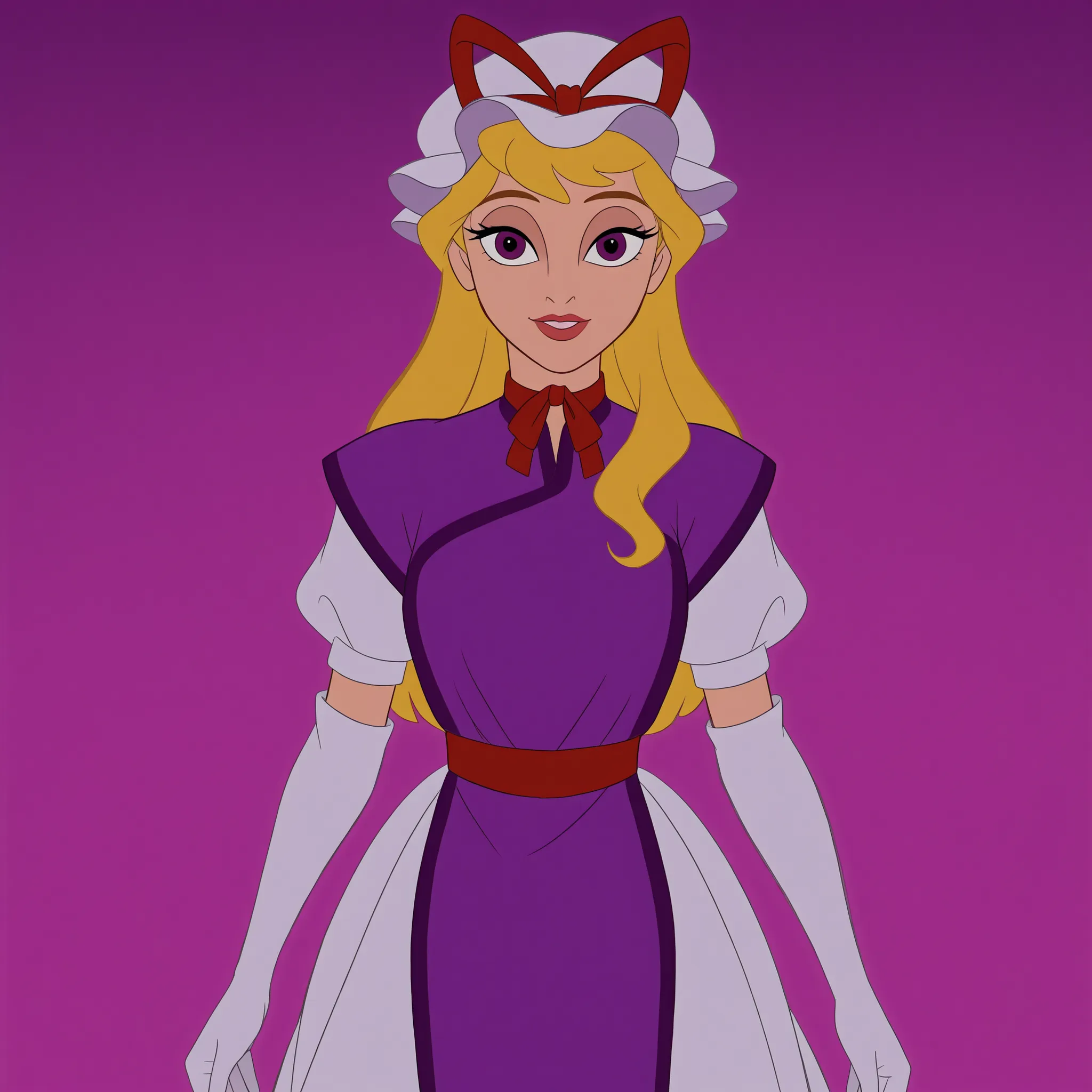 DisneyClassics disney THYukari, mob cap, long blonde hair, hair ribbon, elbow gloves,,purple dress, ribbon choker,,white dress, purple tabard, 