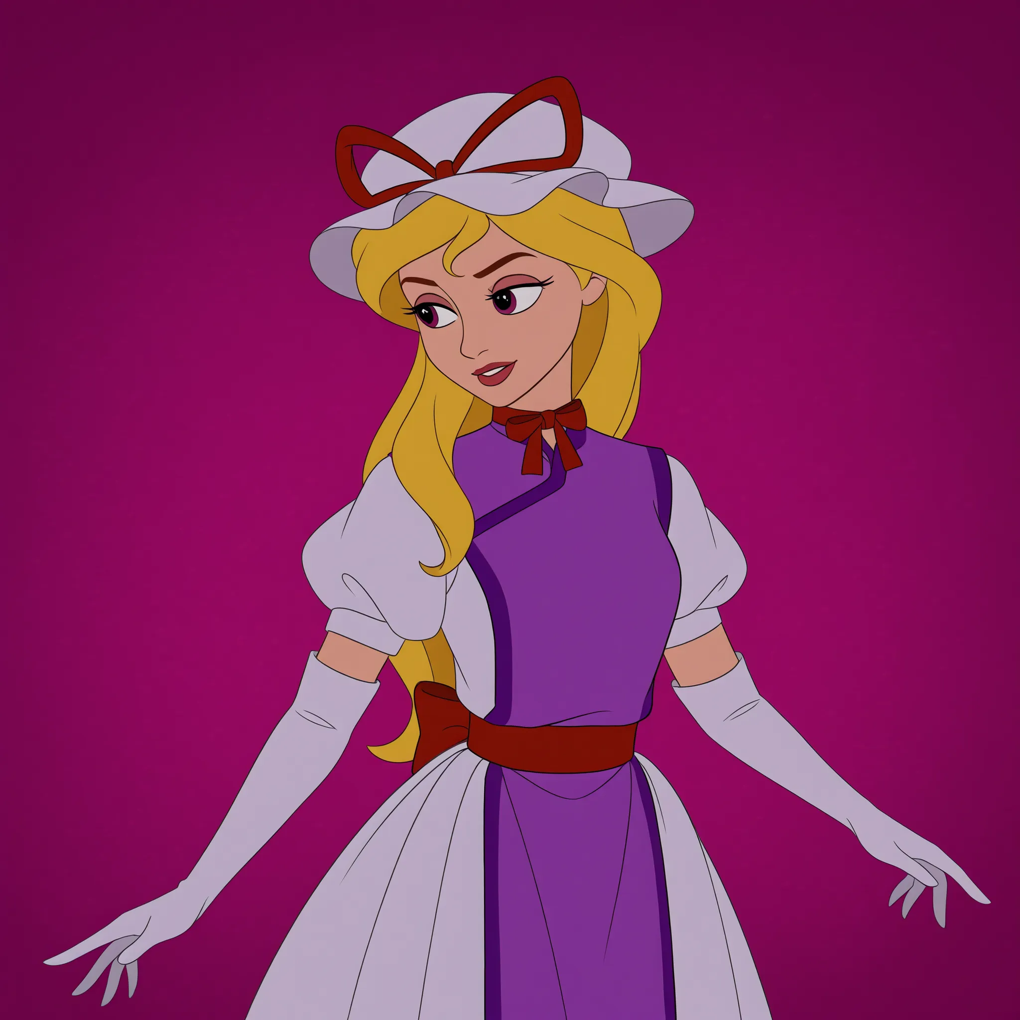 DisneyClassics disney THYukari, mob cap, long blonde hair, hair ribbon, elbow gloves,,purple dress, ribbon choker,,white dress, purple tabard, 