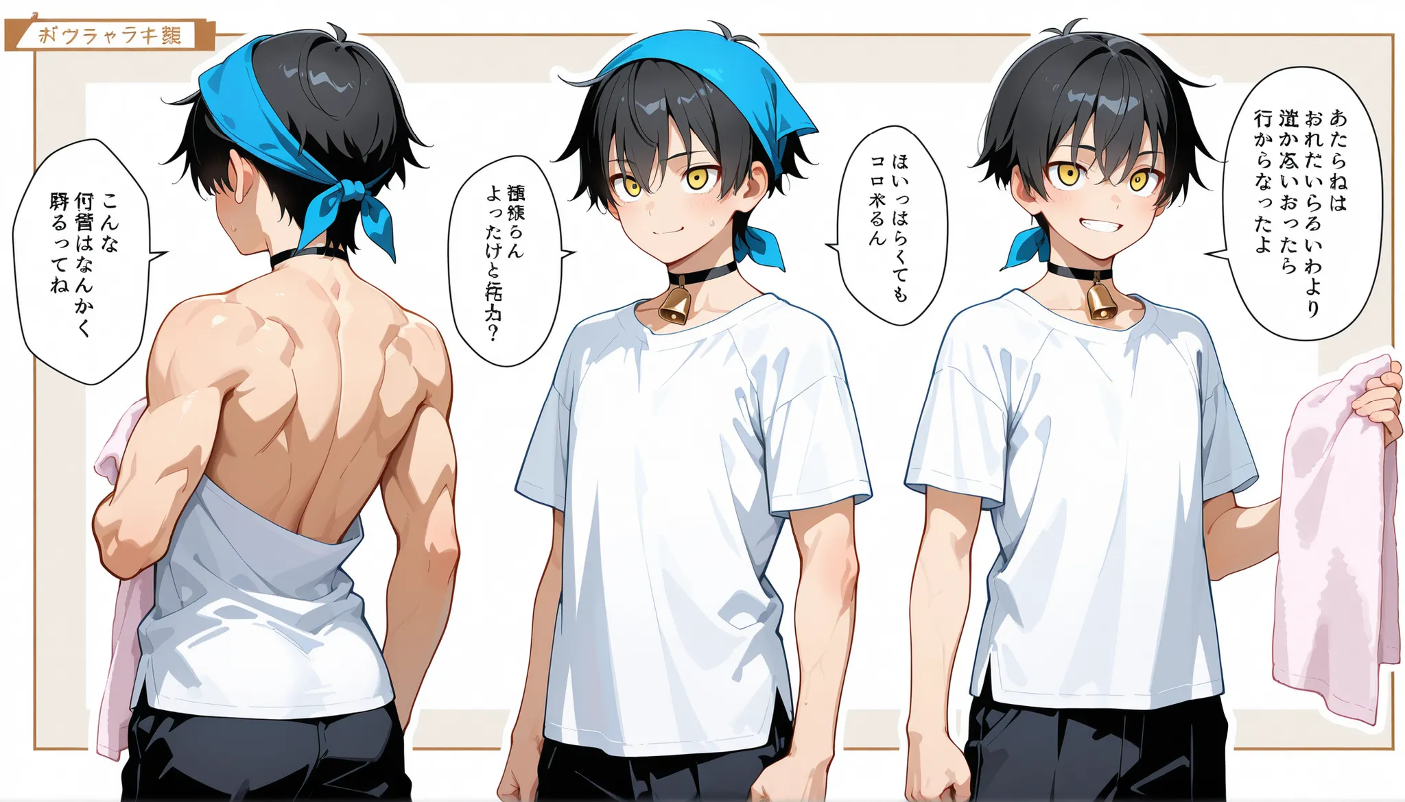 (masterpiece, best quality, high quality,8k,) Create a character design sheet featuring a three-view (front, side, and back) layout of an animatrous 
 BREAK . BREAK　  1 beautiful-man(15 yo) chef muscular (flat-chest:1.4) (black-short-hair:1.4) yellow-eyes ...