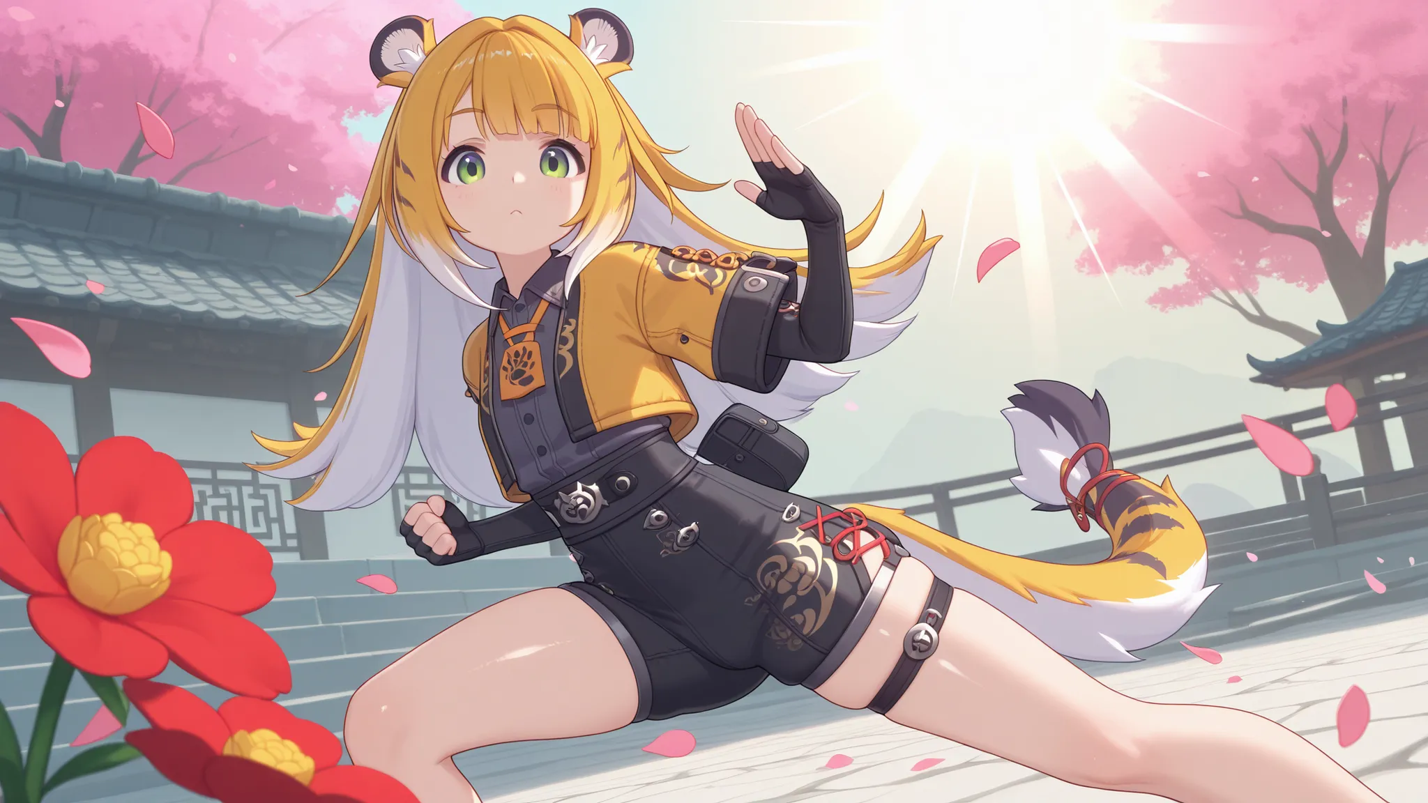 one, shiny skin, focus face, looking at the viewer , cunning look, will fasten, fighting pose, kung fu, legs apart
JuFuFu,
Shine, Shine, sun beam, wind, flower petals on