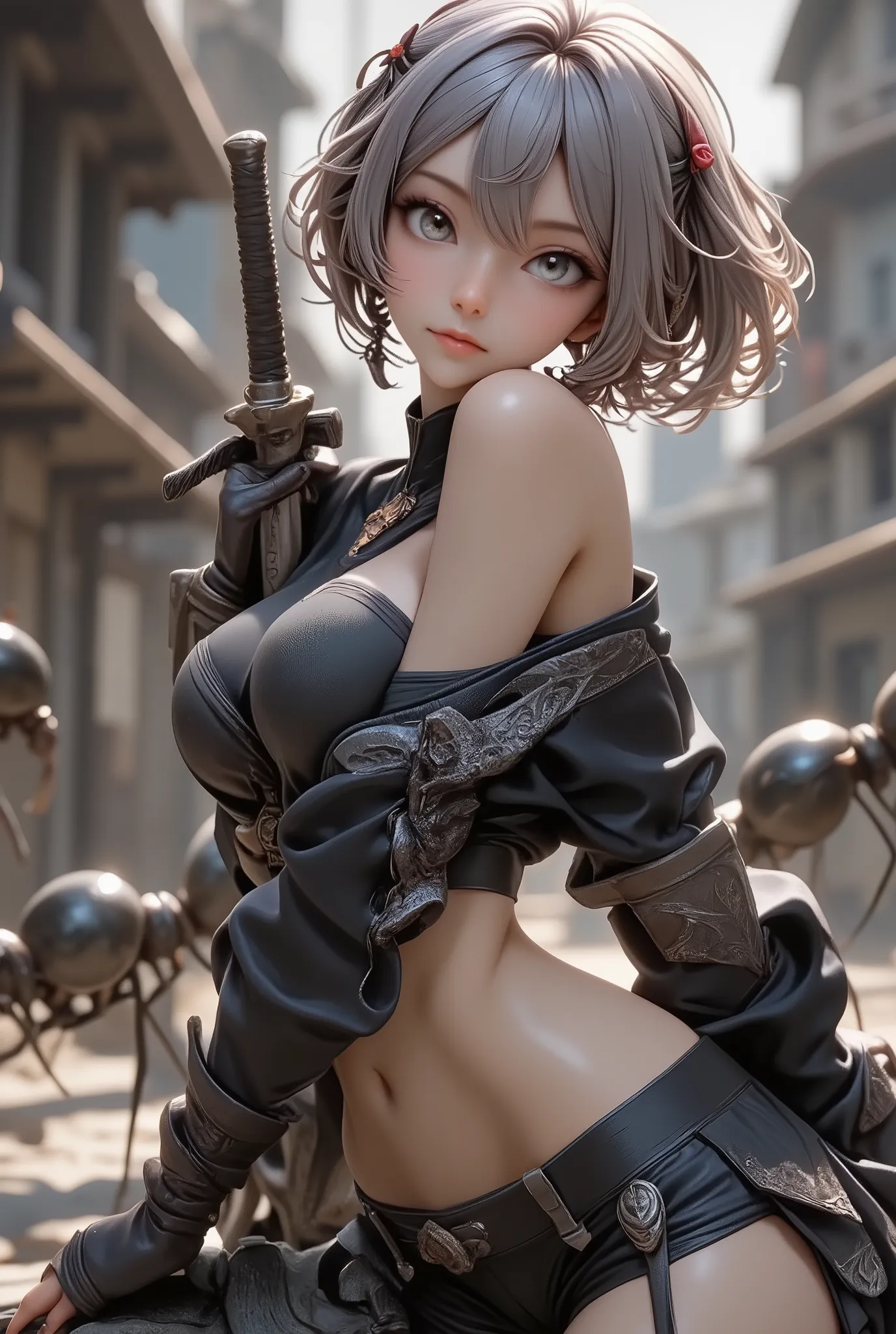 masterpiece, best quality, ultra-detailed, anime style, heroic female warrior, standing bravely against a massive swarm of ants, epic battle scene, strong and determined expression, wind blowing through her hair, sword in hand, dramatic lighting, backlight...