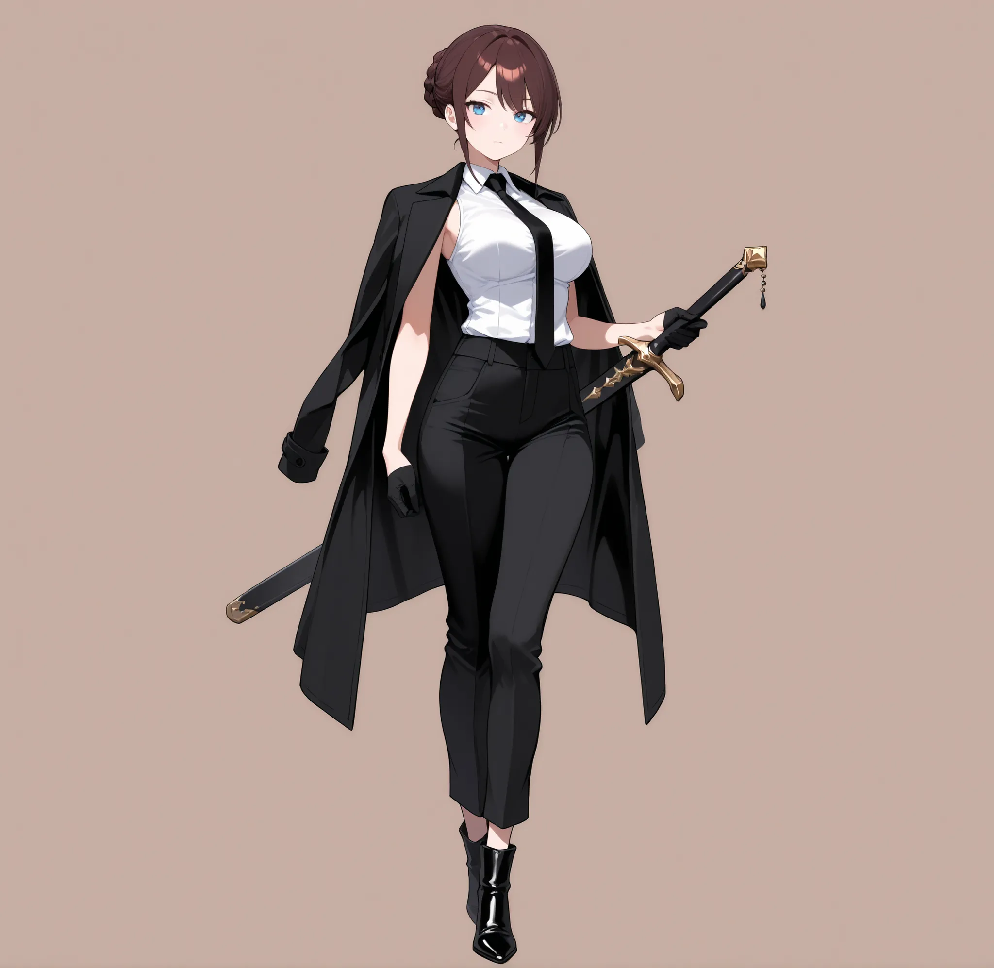 1 Girl, pretty girl, front, full body, tall, glamorous, dark brown hair, bang, Braided Bun hair, sexy eyes, sky blue eyes, light blush, expressionless, breasts, big breasts, big breasts, white sleeveless blouse, black long coat draped over shoulders, black...