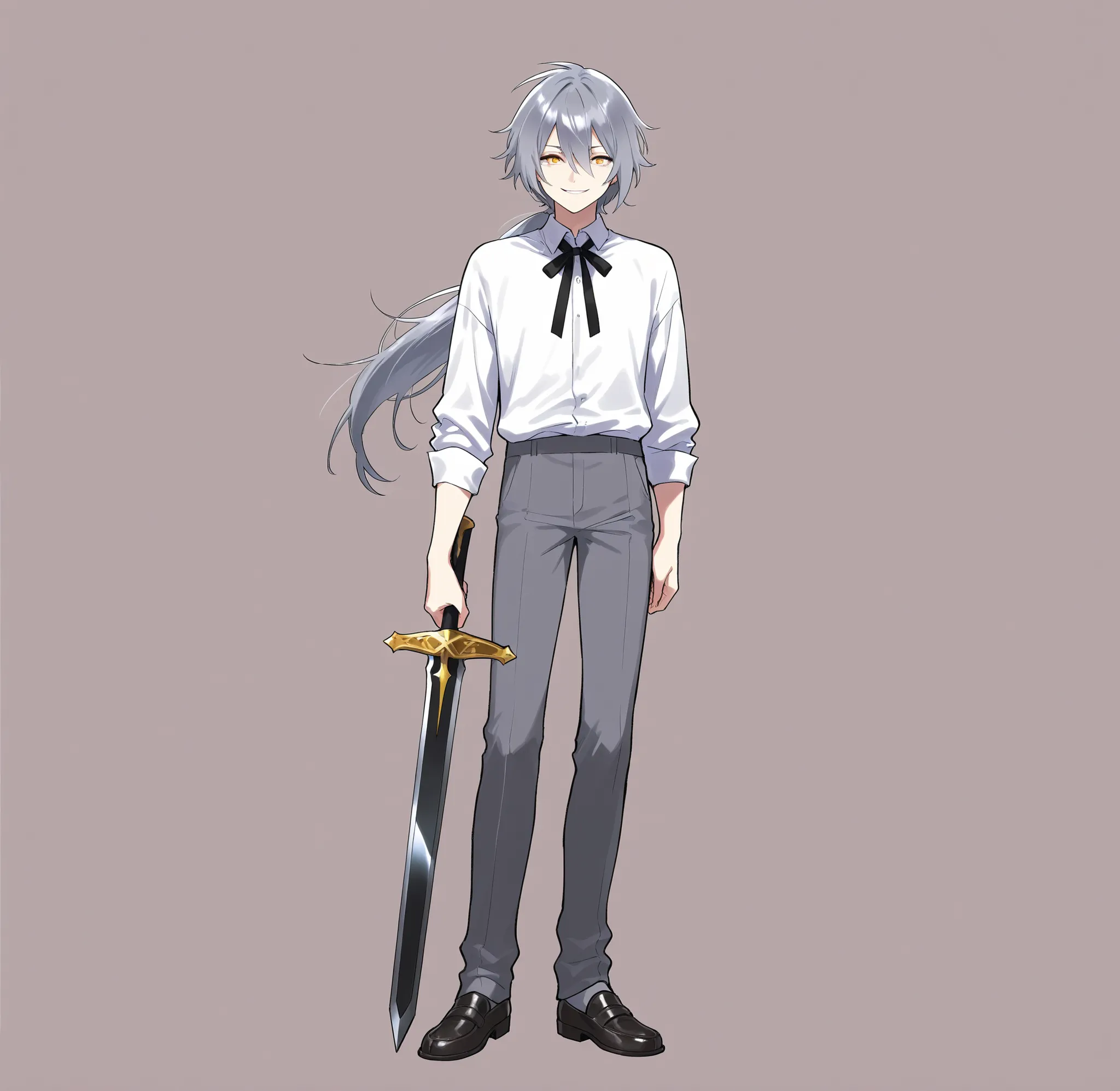 1 Boy, pretty boy, standing, full body, front view, gray hair, bangs, long hair down to shoulder length, low ponytail, sharp eyes, golden eyes, gentle smile, white shirt, black ribbon tie, gray pants, black loafers, holding western sword in right hand, no ...