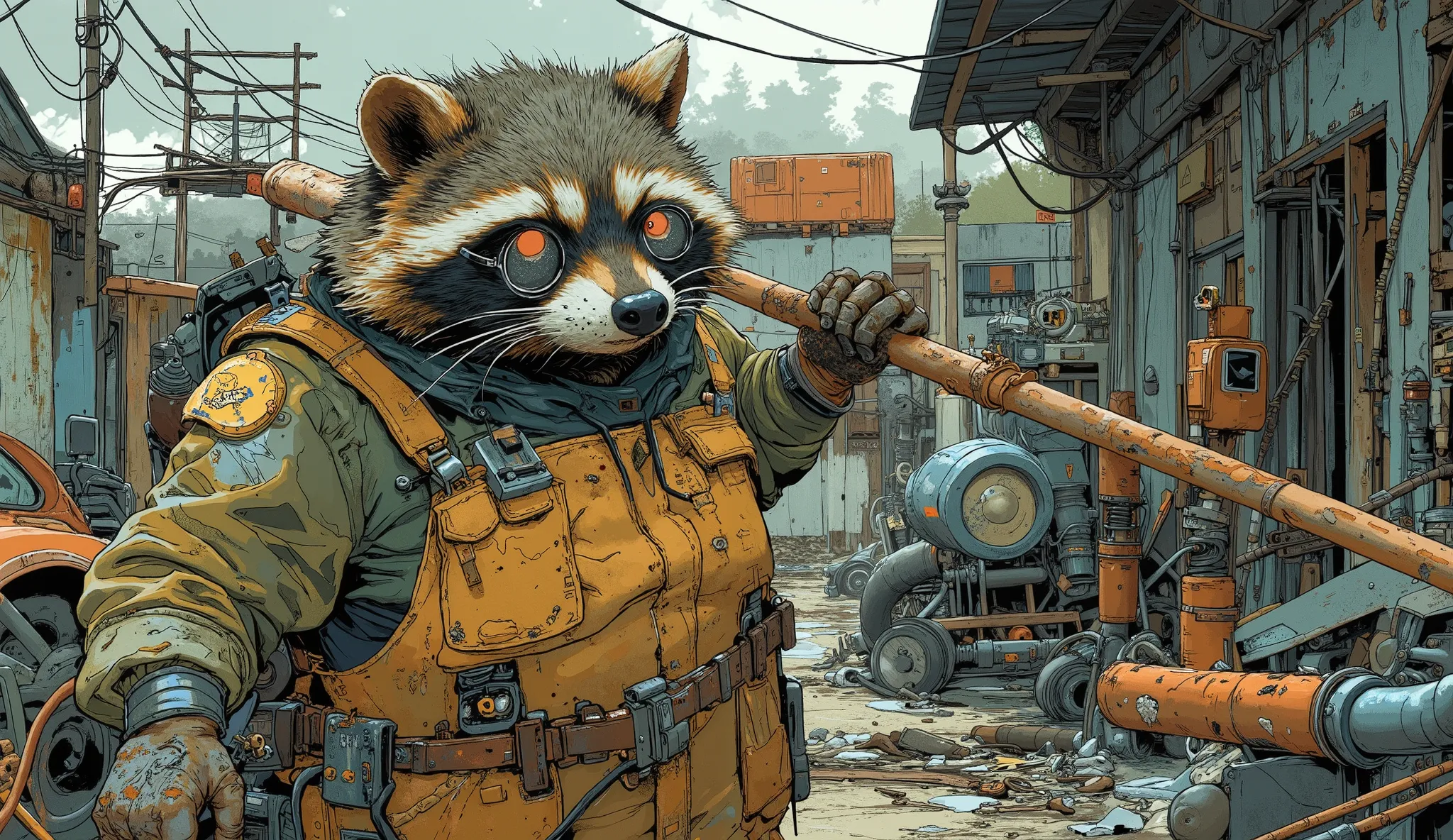 overweight raccoon in dirty work overalls and tattered safety vest manages his junkyard, swings a rusty broom with a homemade handle, surrounded by piles of piles of piles of metal and discarded car parts, his safety glasses sit crooked on the snout