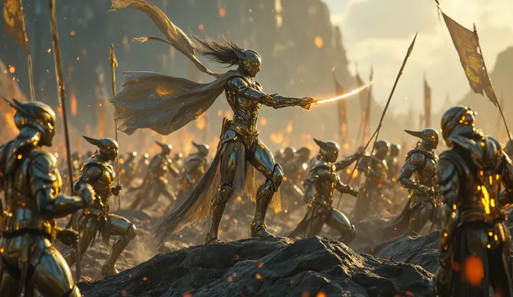 An epic cinematic moment on a battlefield: a futuristic elven army in motion, wearing ultra-detailed golden and silver biomechanical armor with glowing arcane circuitry and flowing energy veins. Elven warriors with sharp, regal faces and luminous eyes prep...