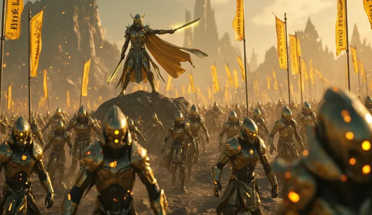 An epic cinematic moment on a battlefield: a futuristic elven army in motion, wearing ultra-detailed golden and silver biomechanical armor with glowing arcane circuitry and flowing energy veins. Elven warriors with sharp, regal faces and luminous eyes prep...