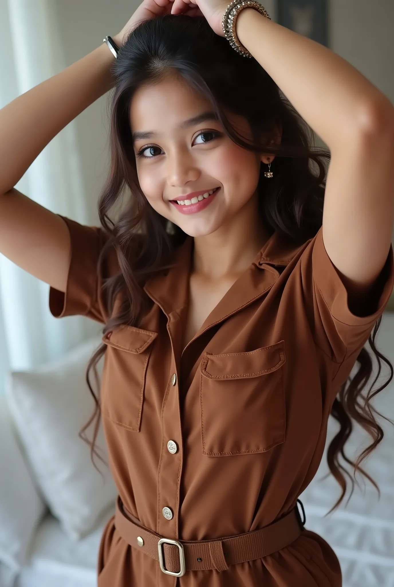 anaswarasdxl, cuteloli, Full image of a young girl with makeup, smiling, Indian skin tone, light grey eyes, fox-eyelashes, silver color eyeshadow, glossy maroon lips. Her hairs are long, brown, stylish and wavy. She is wearing a Plain Collar Jumpsuit With ...