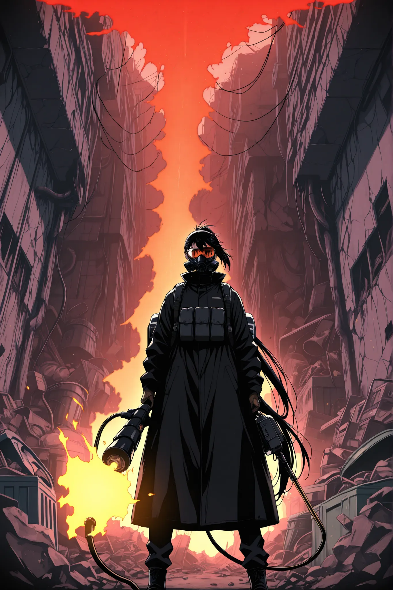 masterpiece, best quality, amazing quality, very aesthetic, foreshortening, 1 girl, black hair, goggle, gasmask, very long ponytail, low pony tail, black coat, mechanical backpack, holding fire thrower, BREAK, ruined background, garbage dump, view from bel...